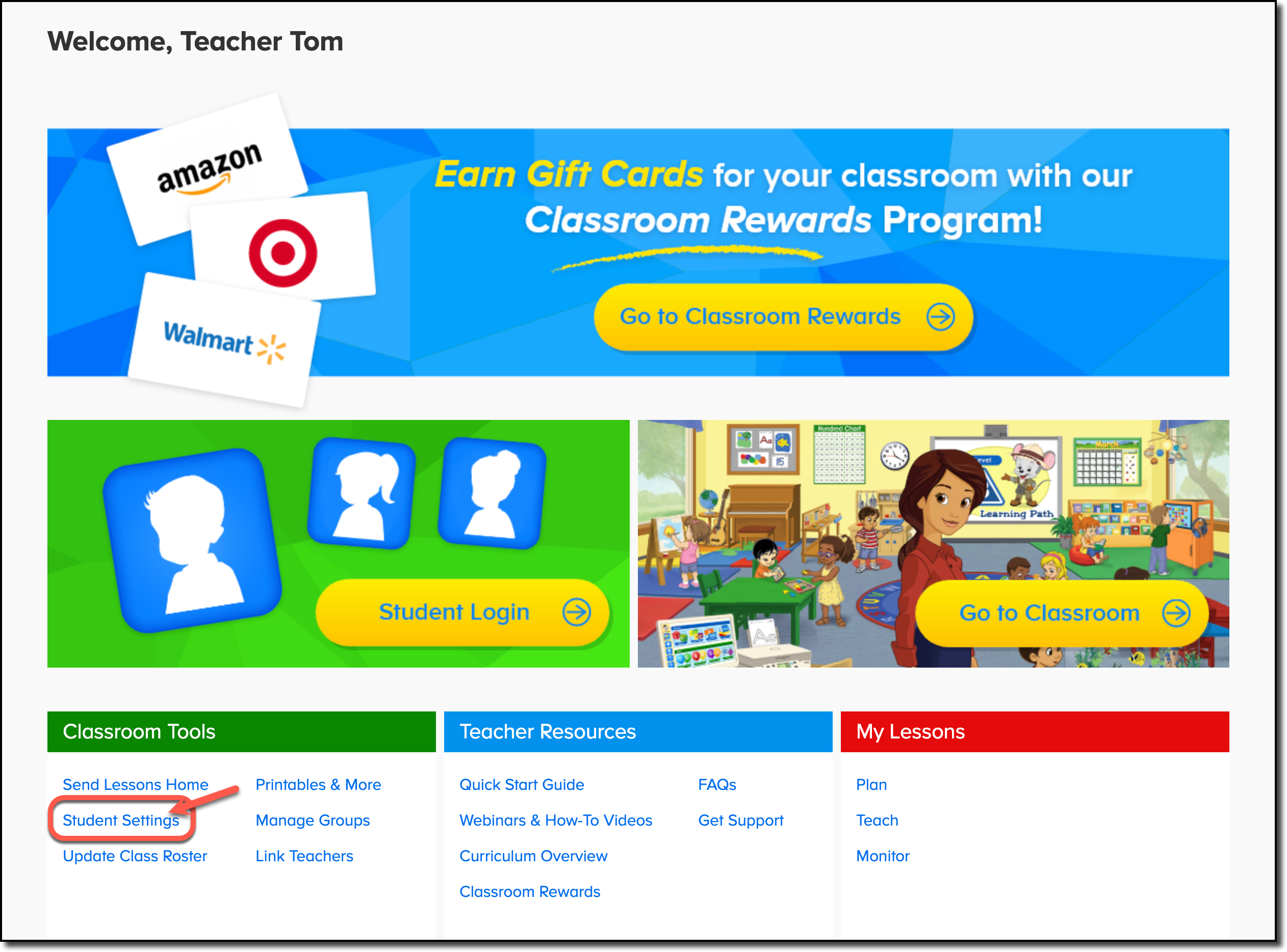 teacher dashboard - click student settings.png