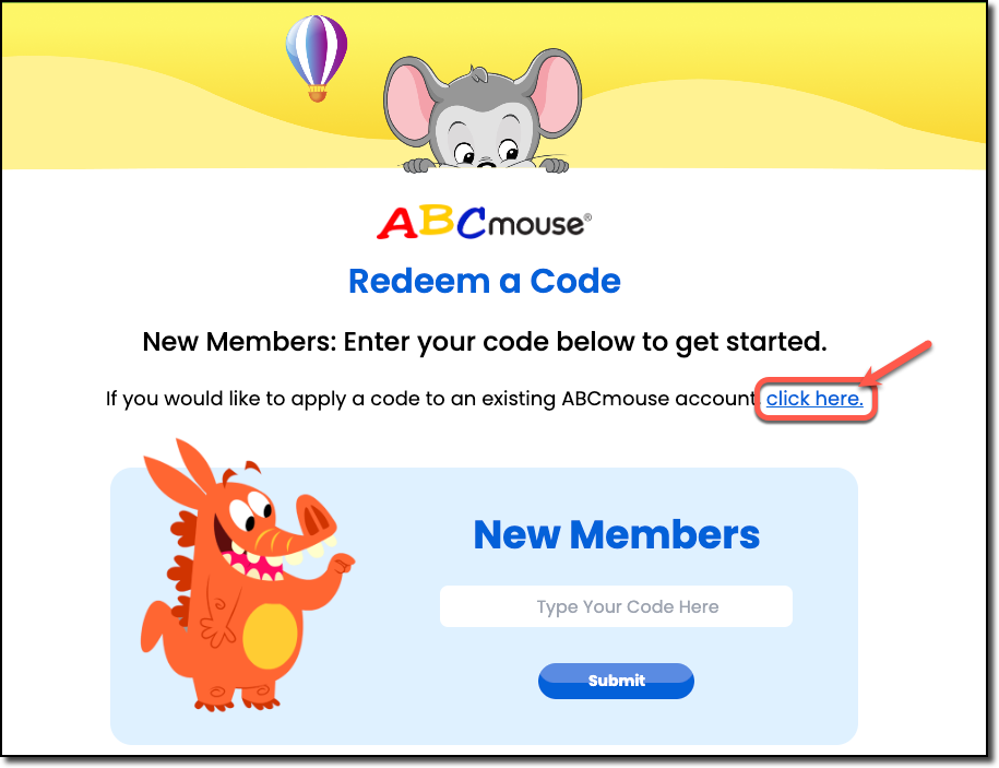 Redeem a Code - existing mem link.png