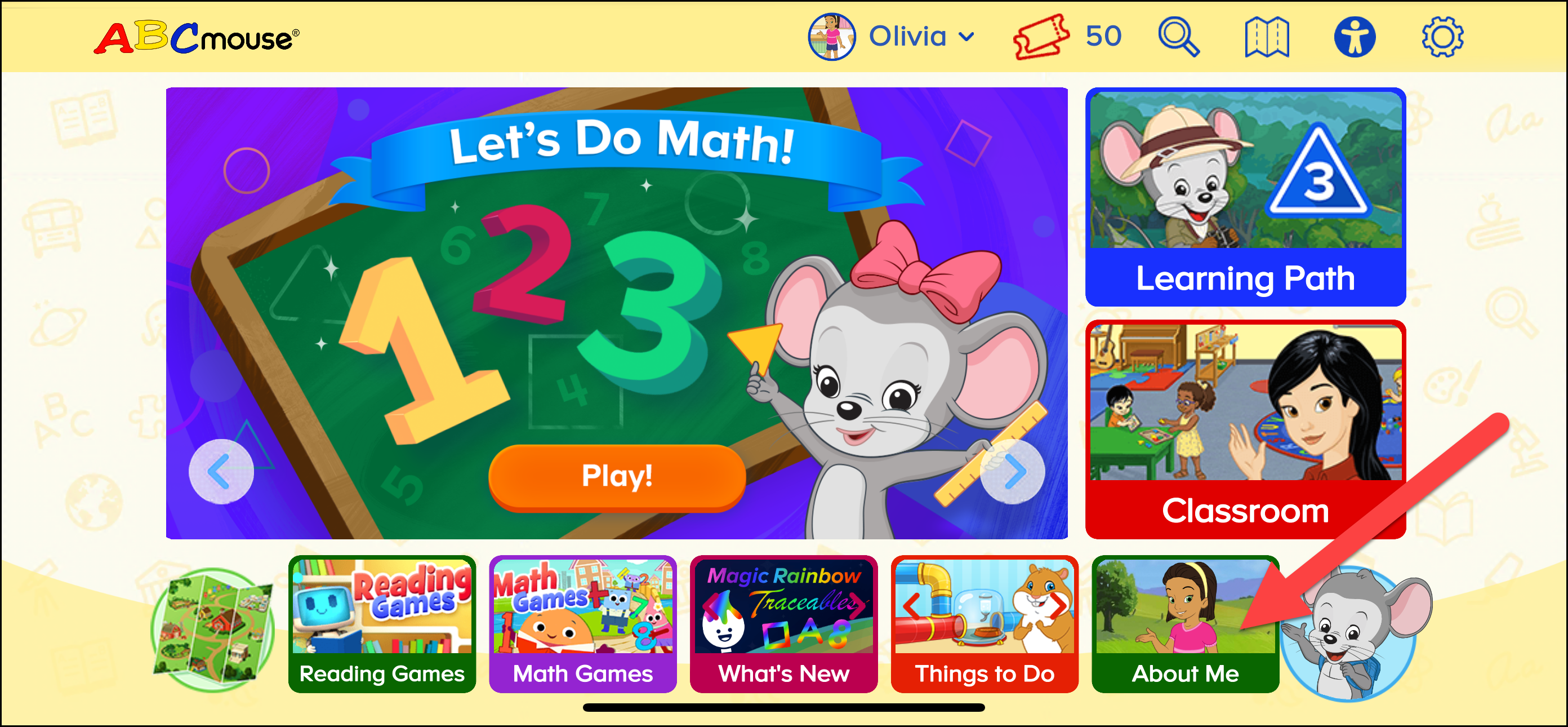 ABCmouse student homepage pointing to about me.png