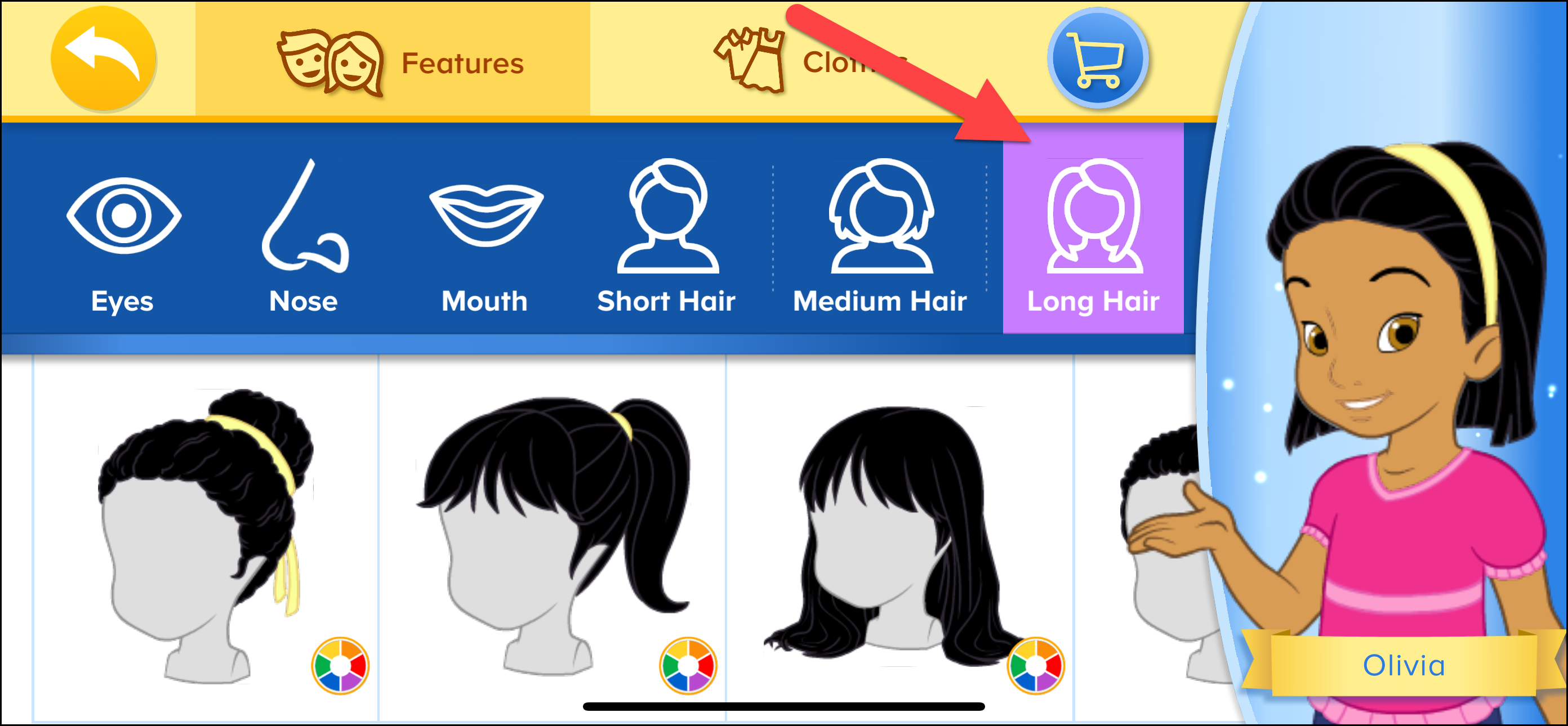 Pointing to long hair tab in avatar section.png
