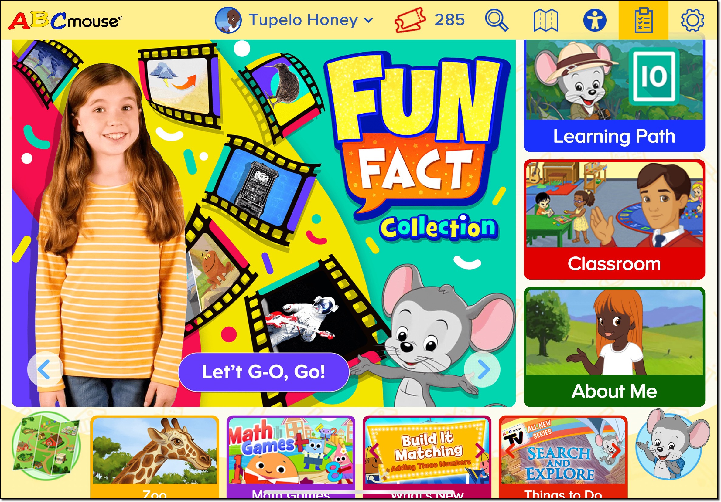 Original ABCmouse Homepage showing main navigation tabs and featured content