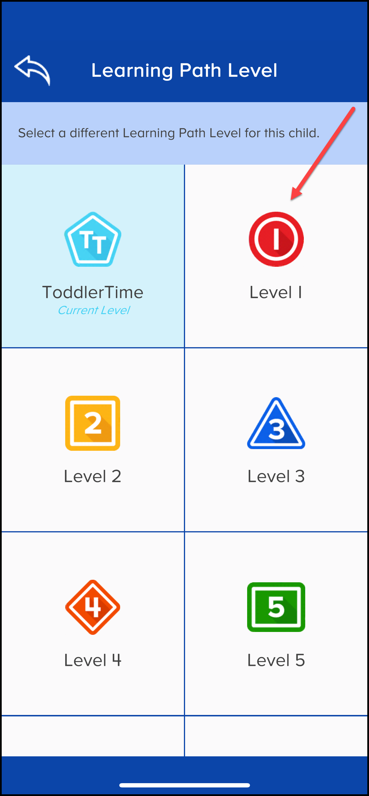ABCMouse Learning Path Pantalla de nivel que apunta al nivel 1.png