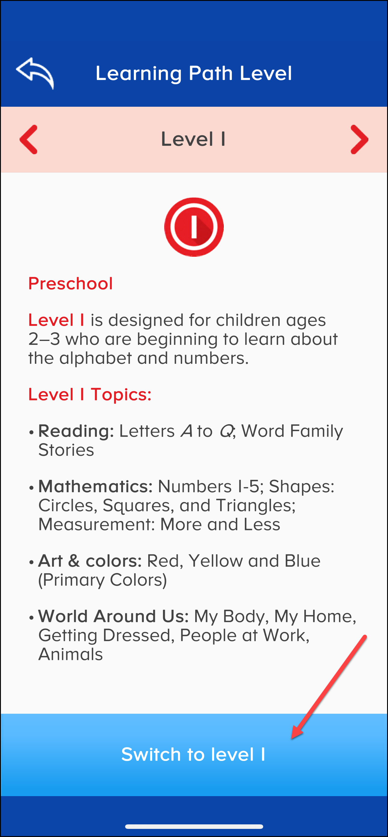 ABCMouse Learning Path Level dentro de la descripción de nivel 1 que apunta a cambiar al botón de nivel 1.png