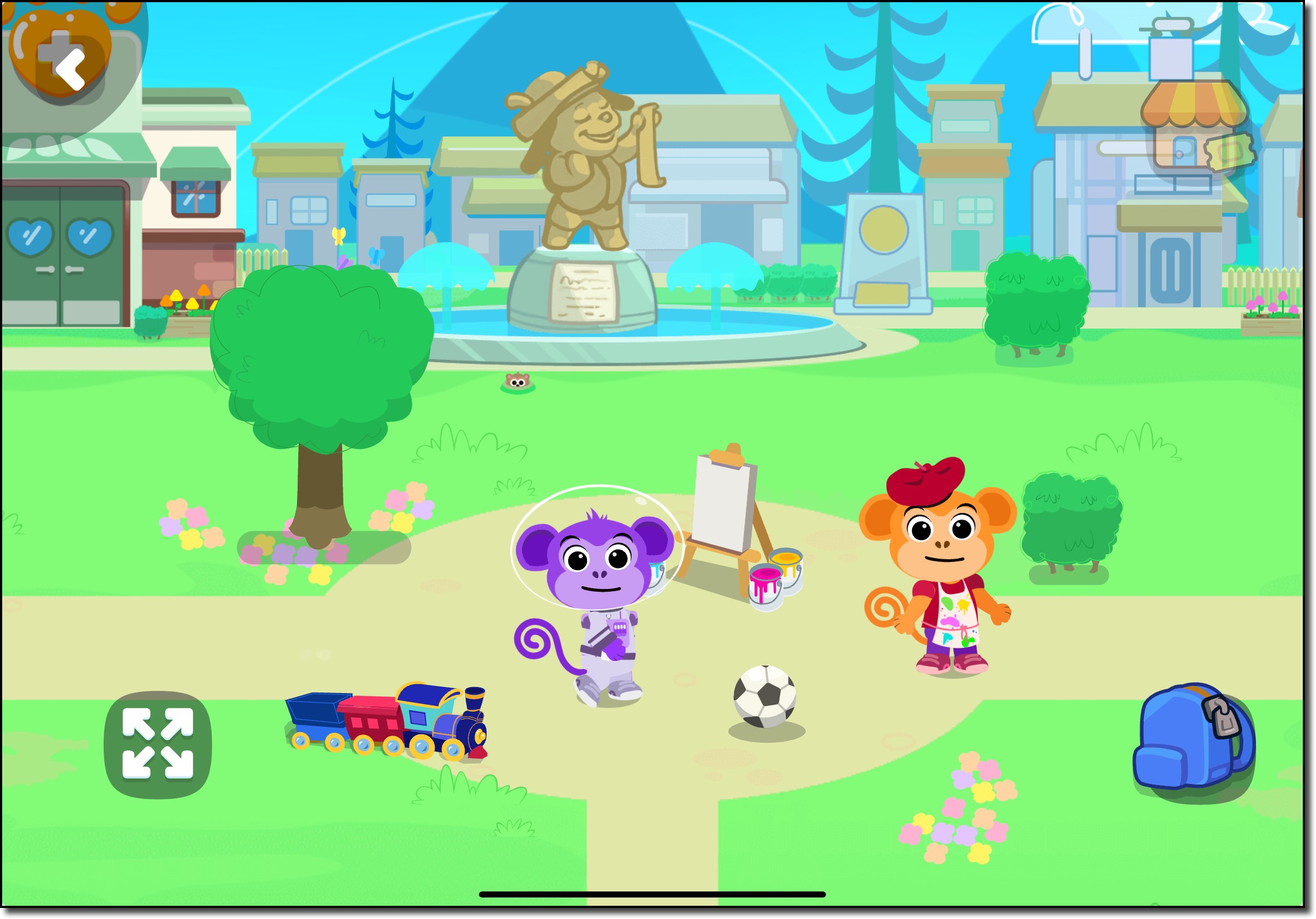 Pet Town main screen in ABCmouse 2 showing virtual pets, inventory, and interaction options