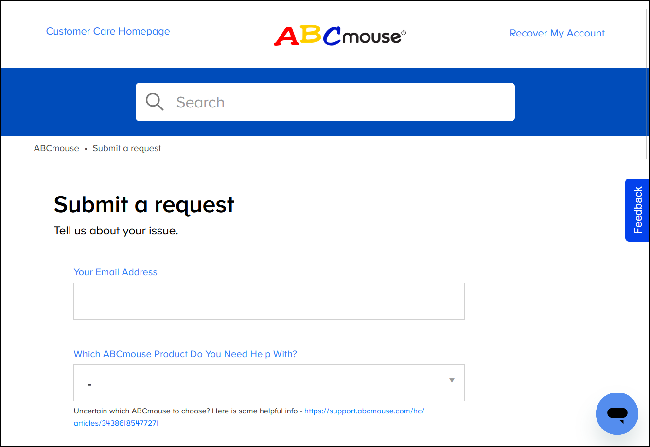 sSubmit a request form with fields for name email and description for ABCmouse 2 Help Centre