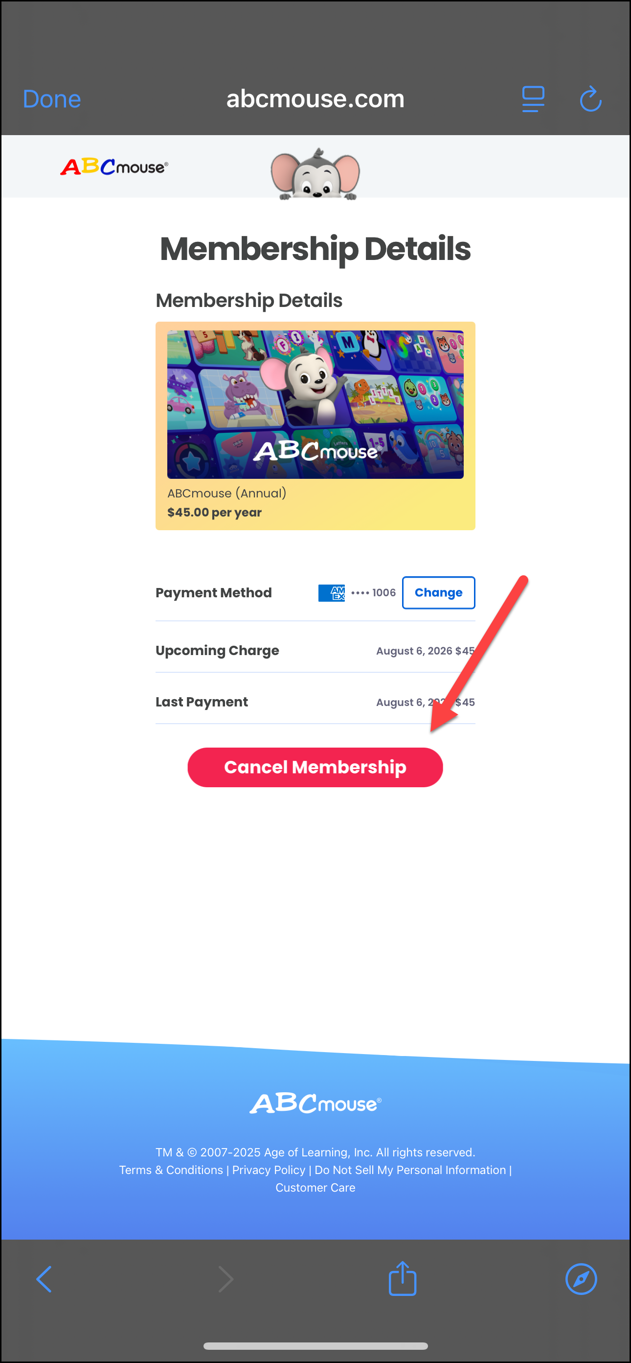 ABCmouse 2 on Membership Details page pointing to cancel membership.png