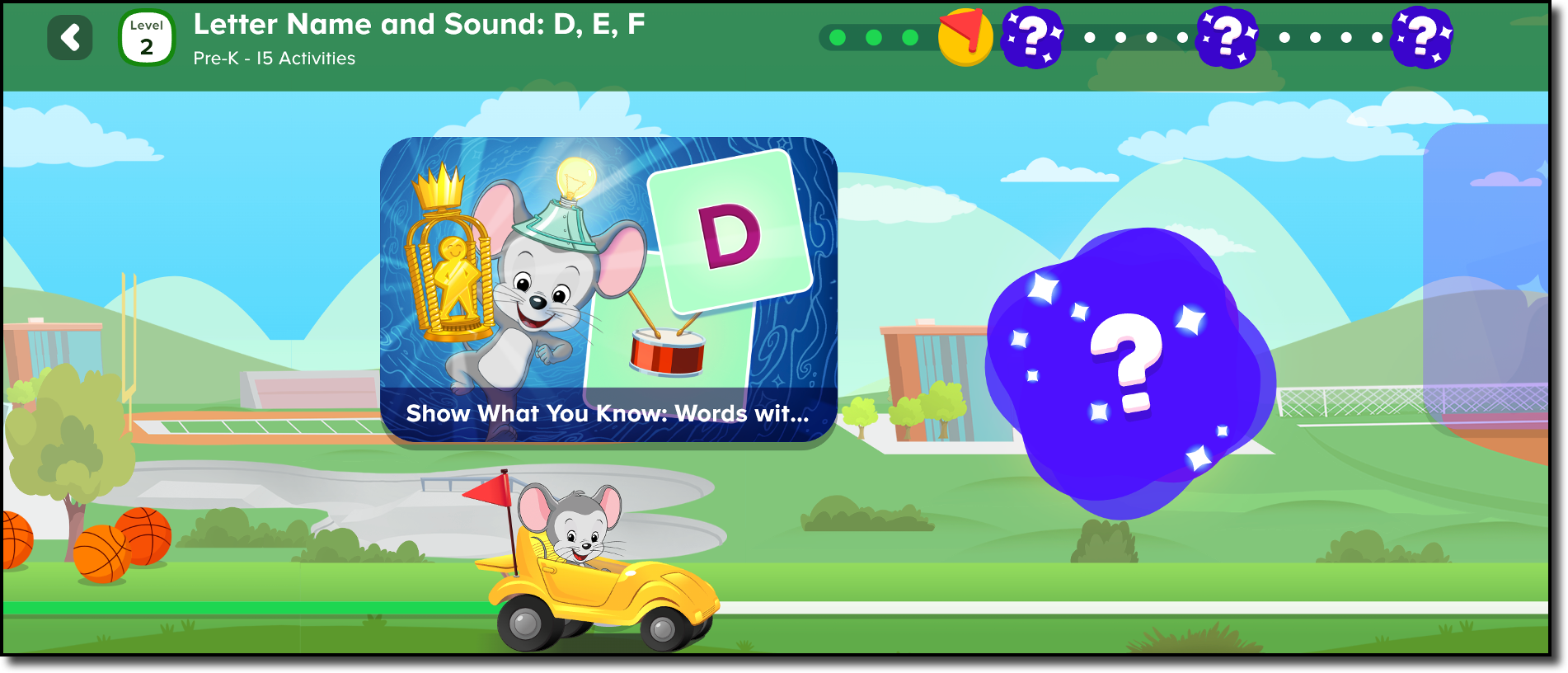 Show What You Know activity screen in ABCmouse 2 showing quiz questions and answer choices