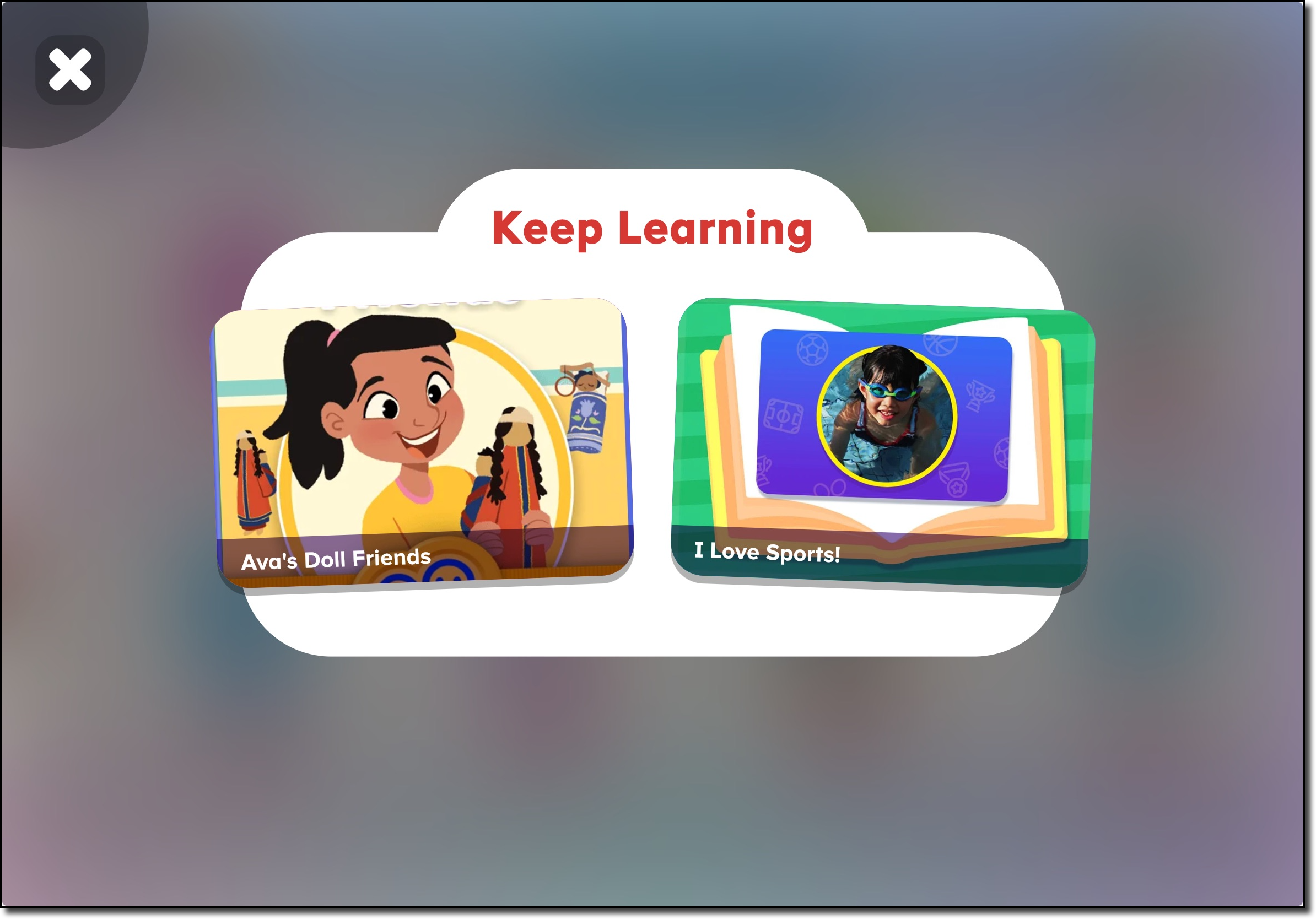 Keep Learning prompt in ABCmouse 2 showing encouragement message