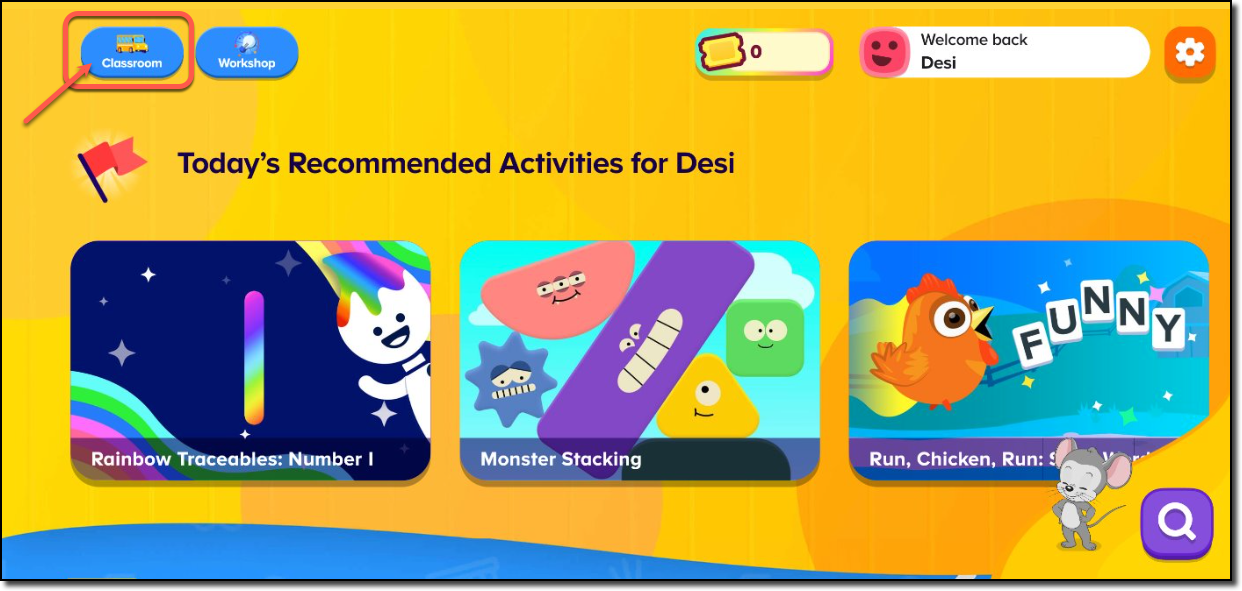 ABCmouse 2 screen with red box highlighting the Classroom tab among navigation options
