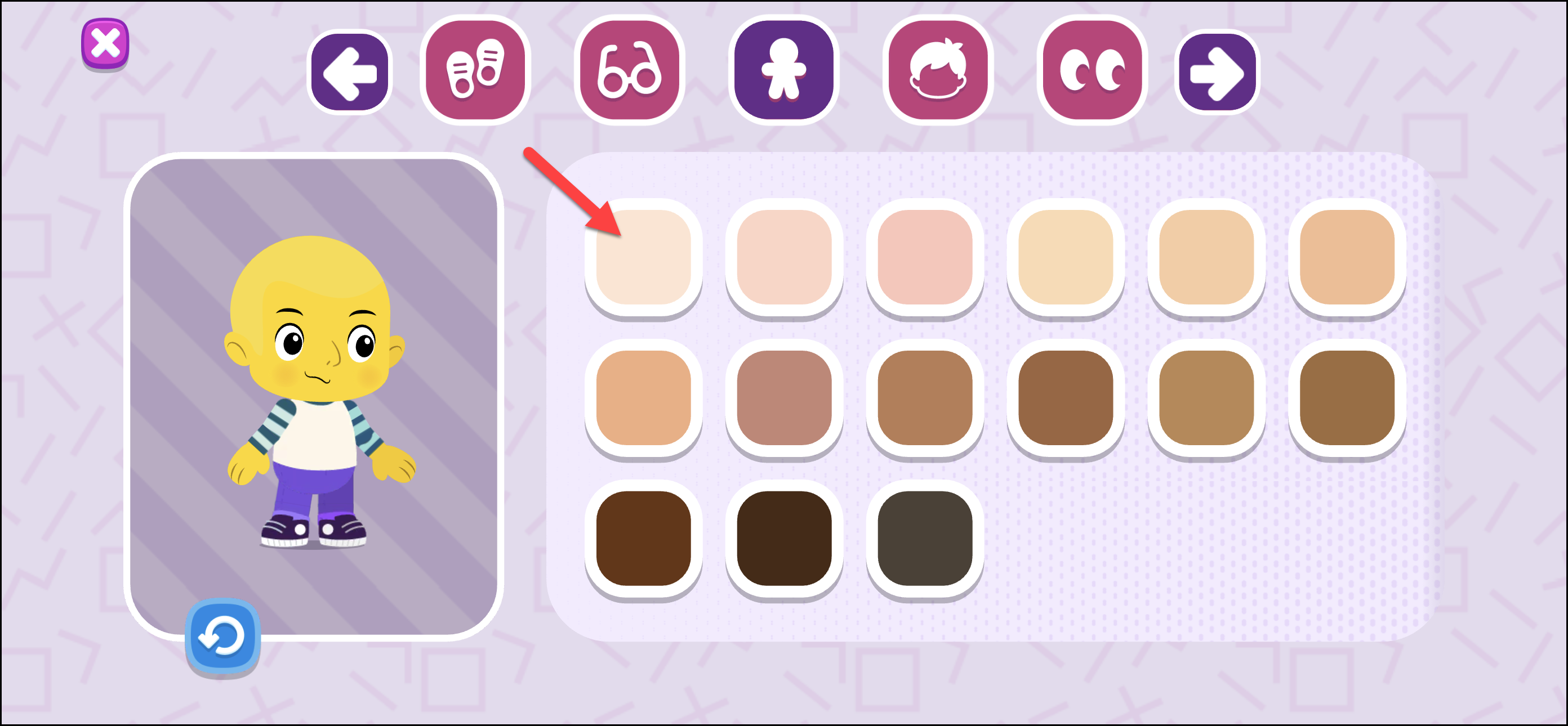Avatar Builder - 1 - Choose Skin Colour - arrow shows selected.png