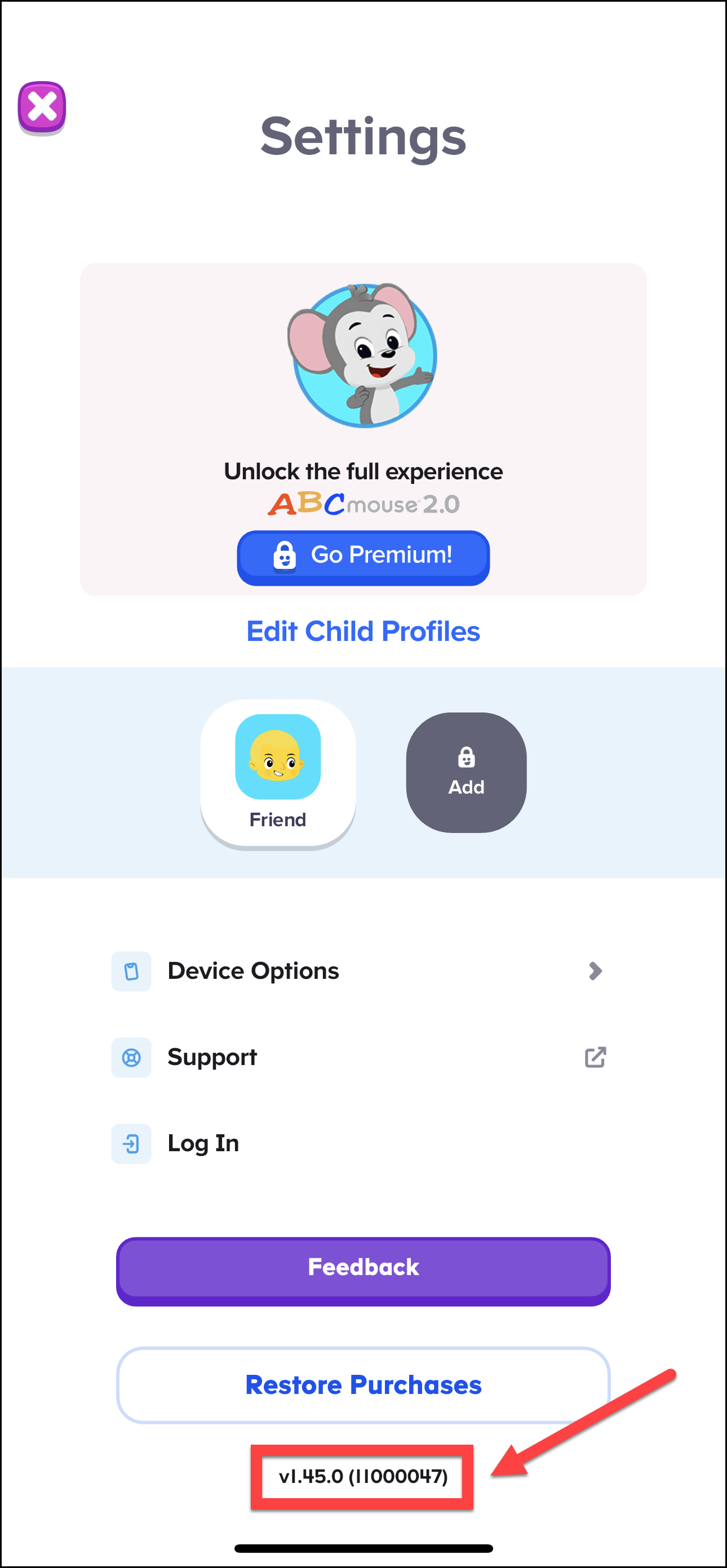 ABCmouse 2 Settings page showing app version number highlighted with red box at bottom
