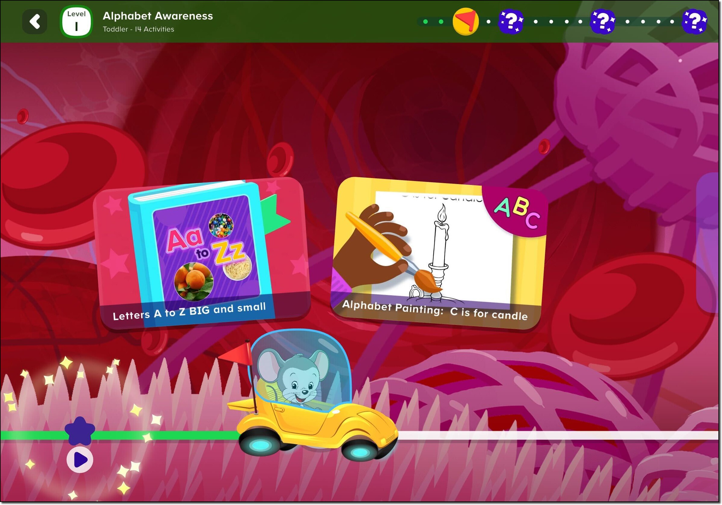 Desbloquear la pantalla 2 de actividades de bonificación en ABCmouse 2 que muestra actividades bloqueadas adicionales y opciones de desbloqueo