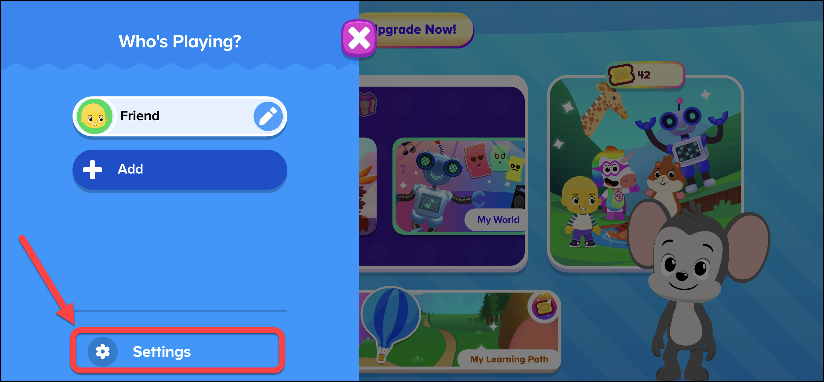 Homescreen of ABCmouse 2 with red box highlighting gear icon for accessing Parent Settings