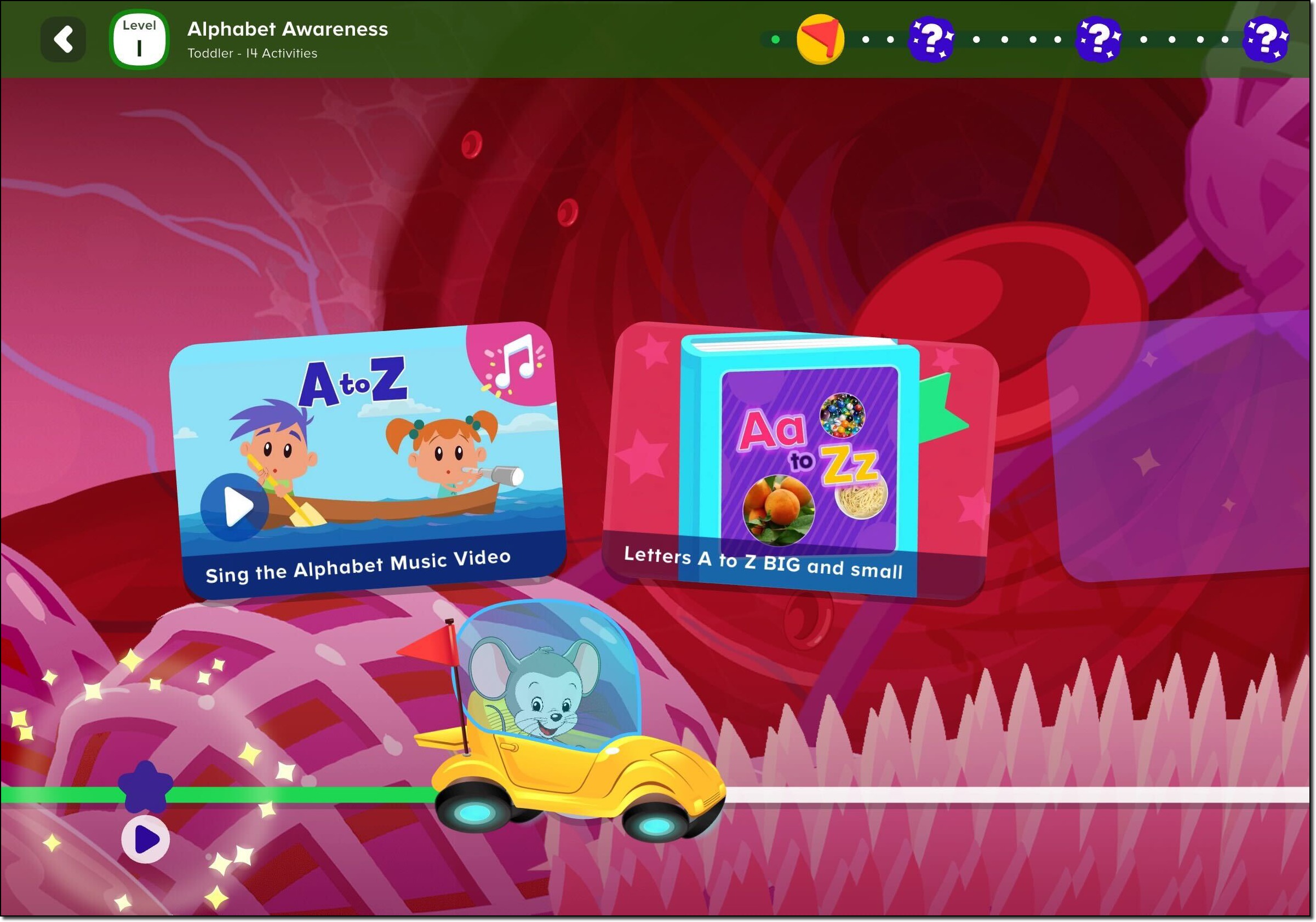 Desbloquear la pantalla de actividades de bonificación 1 en ABCmouse 2 que muestra las actividades bloqueadas con el símbolo de desbloqueo
