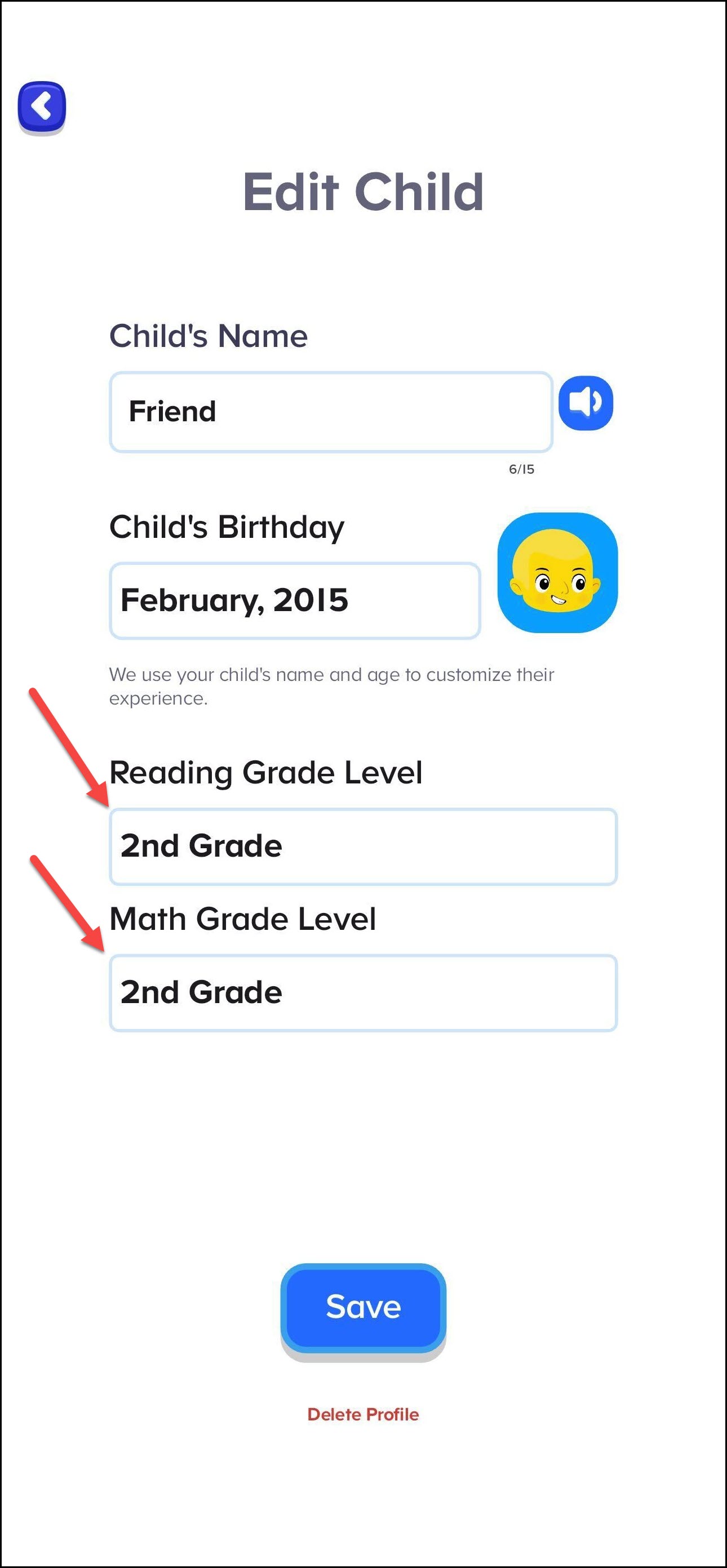 Edit Child Profile screen in ABCmouse 2 showing red arrows pointing to Reading Grade Level and Math Grade Level options
