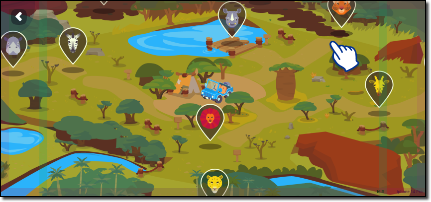 Zona de safari que muestra hábitats animales e iconos de navegación para actividades relacionadas.png