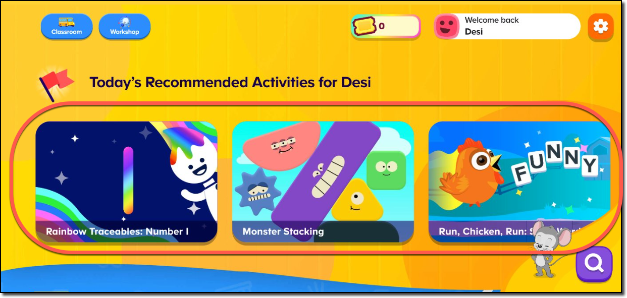 ABCmouse 2 screen showing Recommended Activities with red box highlighting one activity section