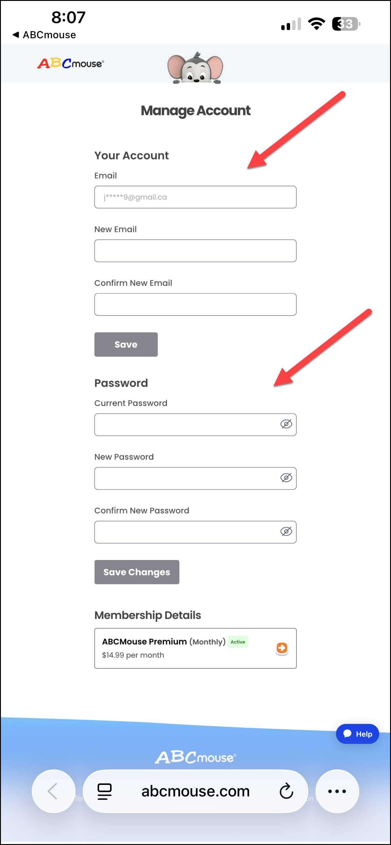Parent Options screen in ABCmouse 2 showing hidden email and password fields with Change button and Forgot Password hyperlink options and member billing section with Manage Membership button