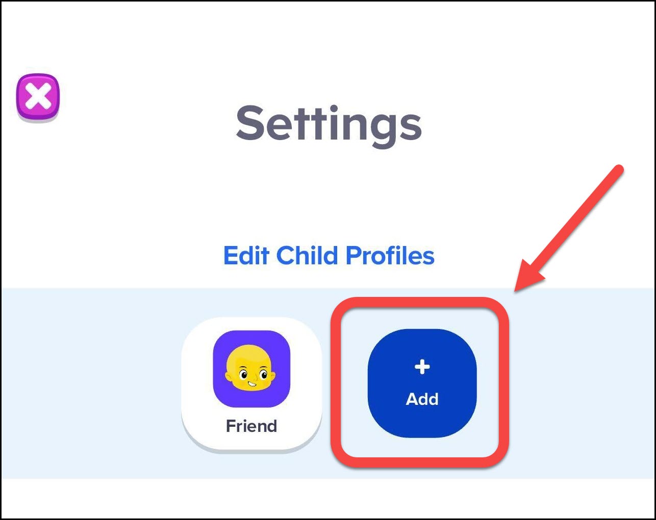 Settings screen in ABCmouse 2 with red box highlighting Add Profile icon for creating new child profile