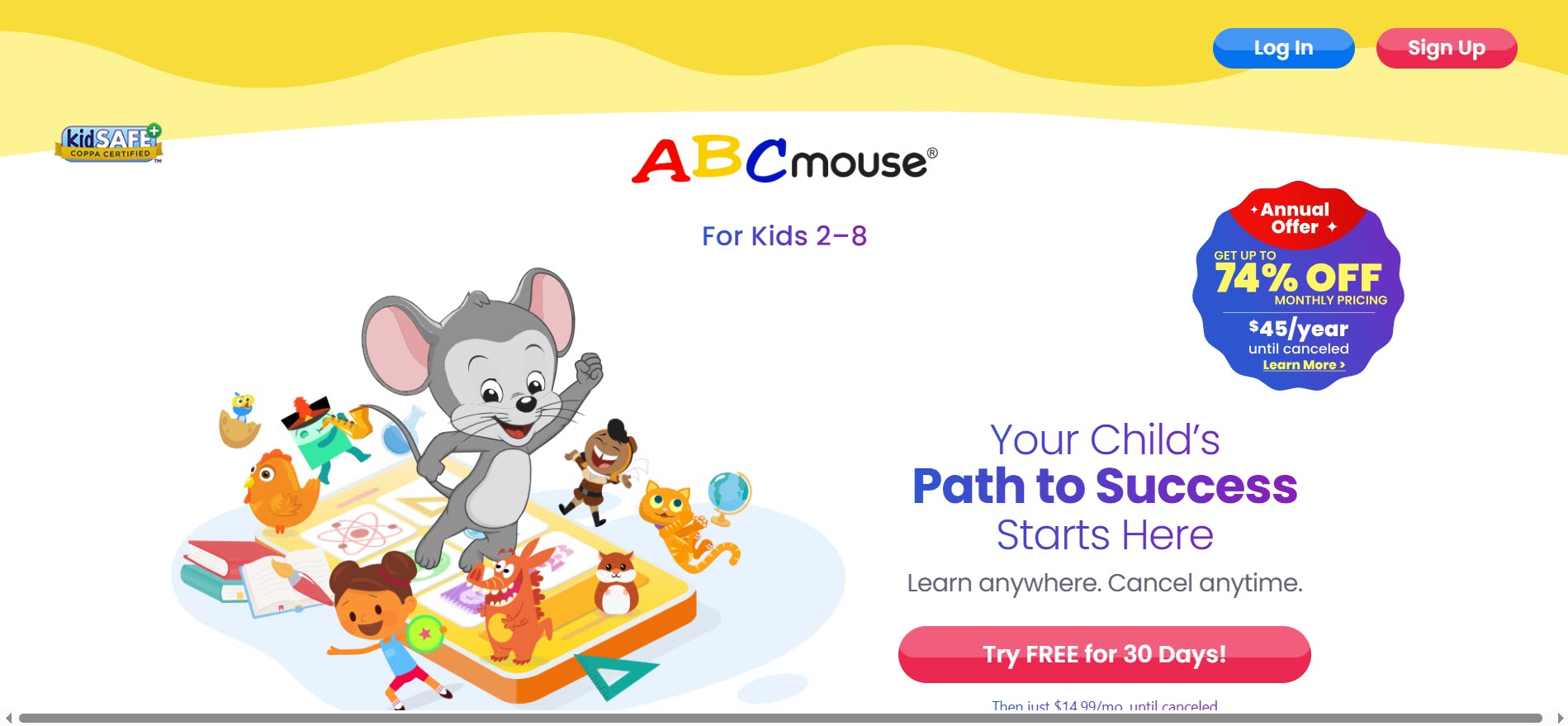 Homepage of ABCmouse 2 website showing top promotional offers and Log In/Sign Up