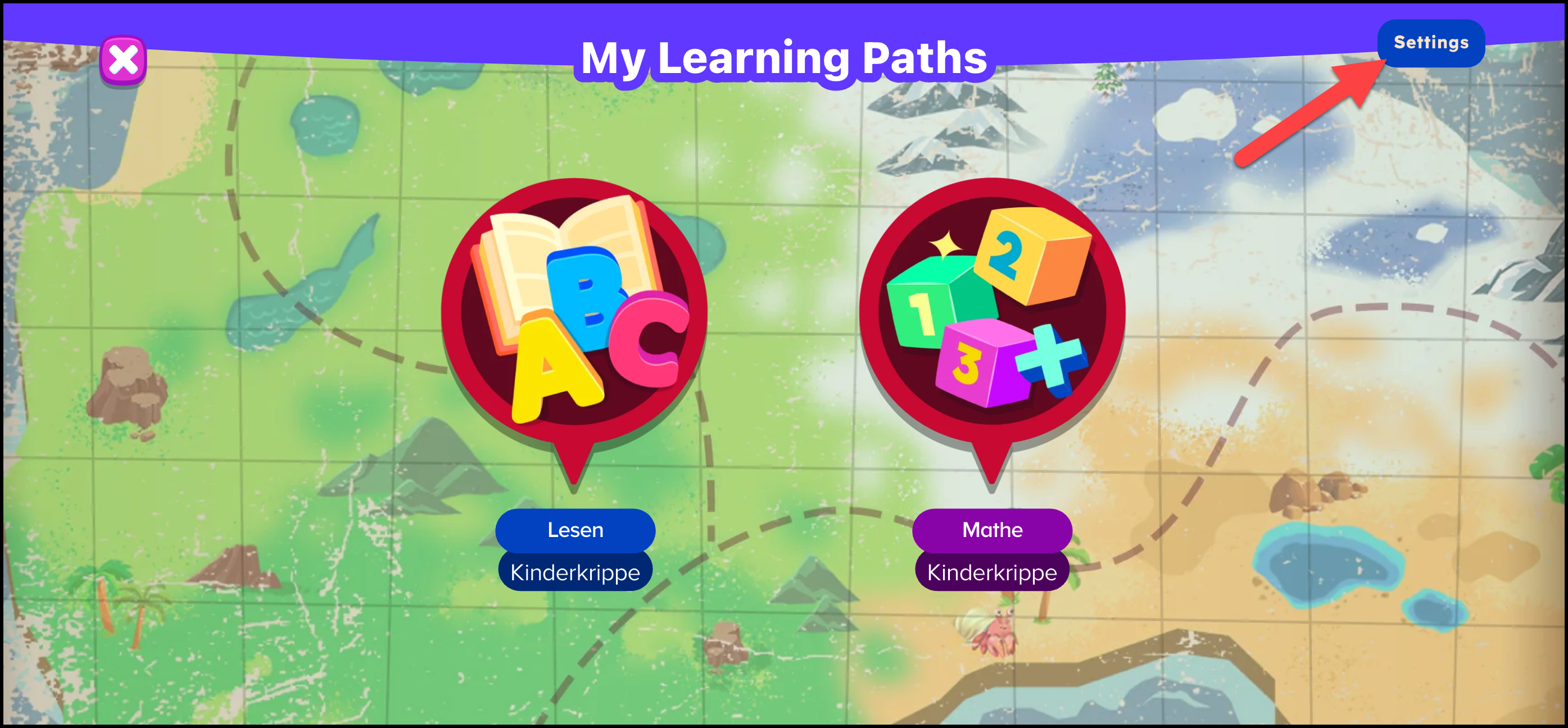 German ABCmouse 2 My Learning Path pointing to settings.png