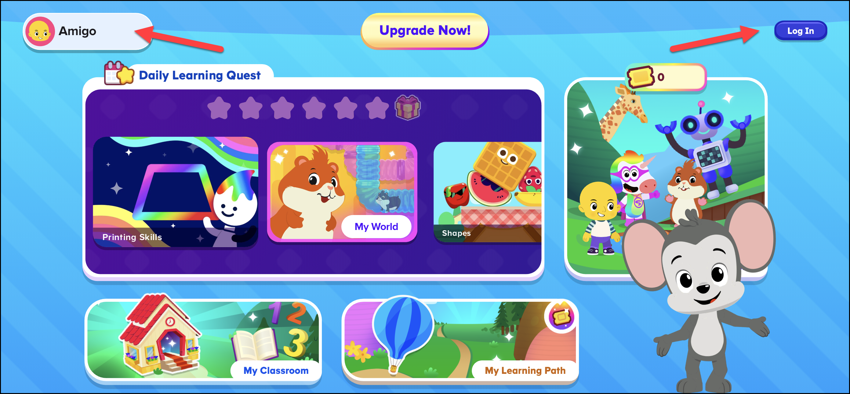 English (American) Student Homepage point to log in or friend profile.png