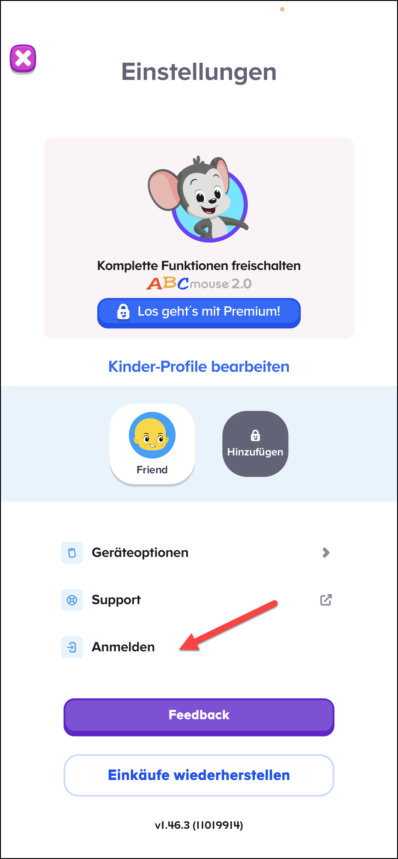 German ABCmouse 2 pointing to the log in option within the settings area.png