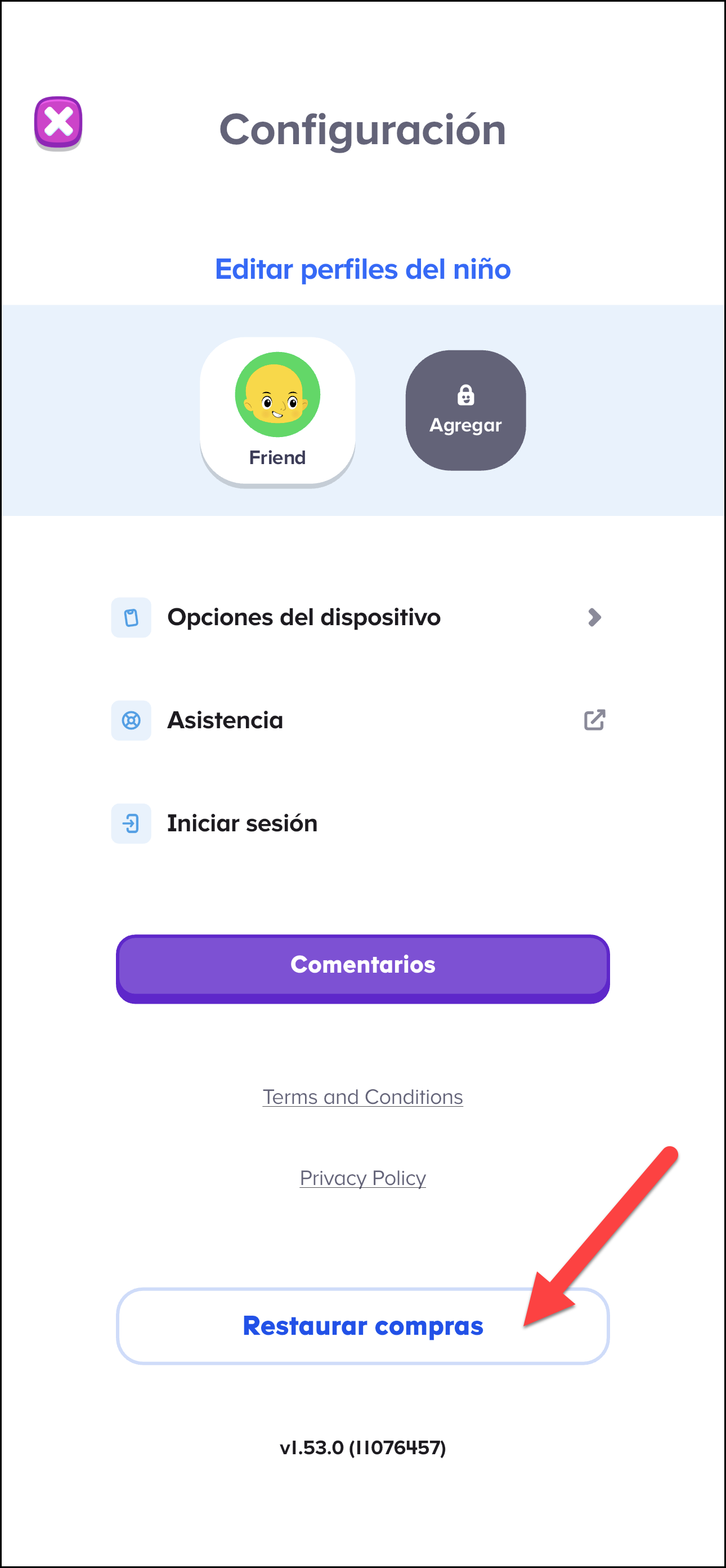 Espanol v1.46.3 Settings page pointing to the restore purchases.png