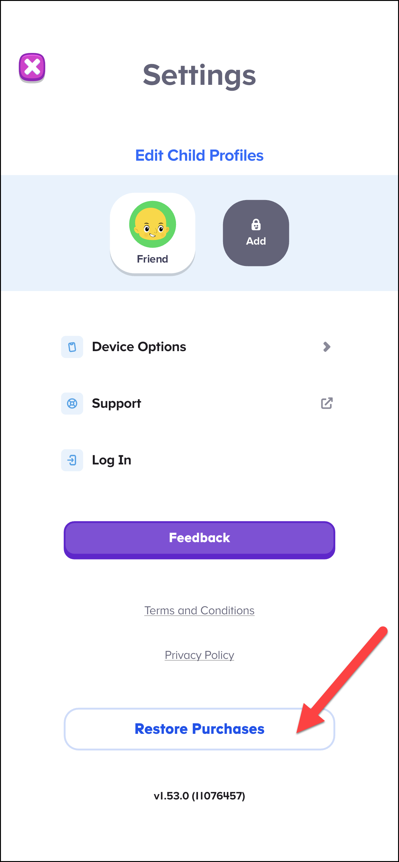 English (American) v1.46.3 Settings page pointing to the restore purchases.png