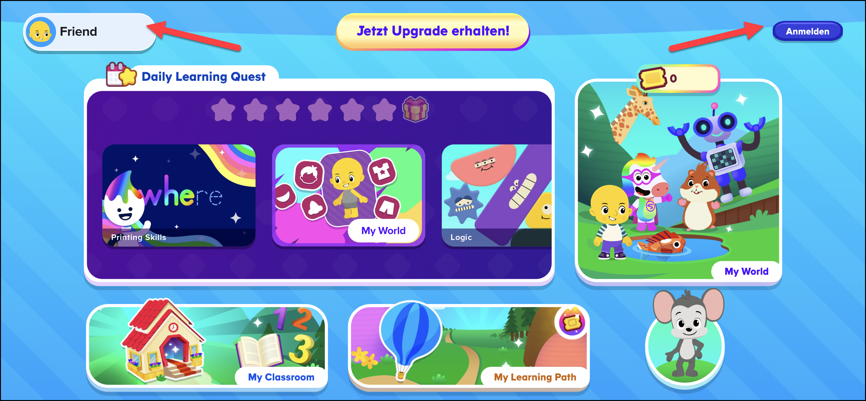 German ABCmouse 2 student homepage pointing to the profile and log in buttons.png