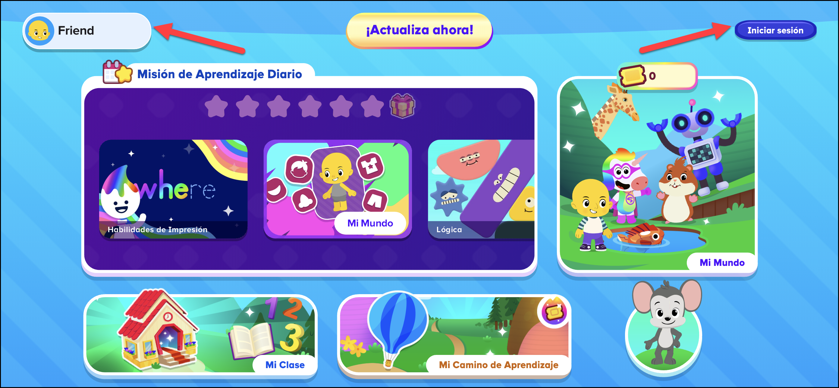 Espanol ABCmouse 2 pointing to log in or friend profile on the student homepage screen.png