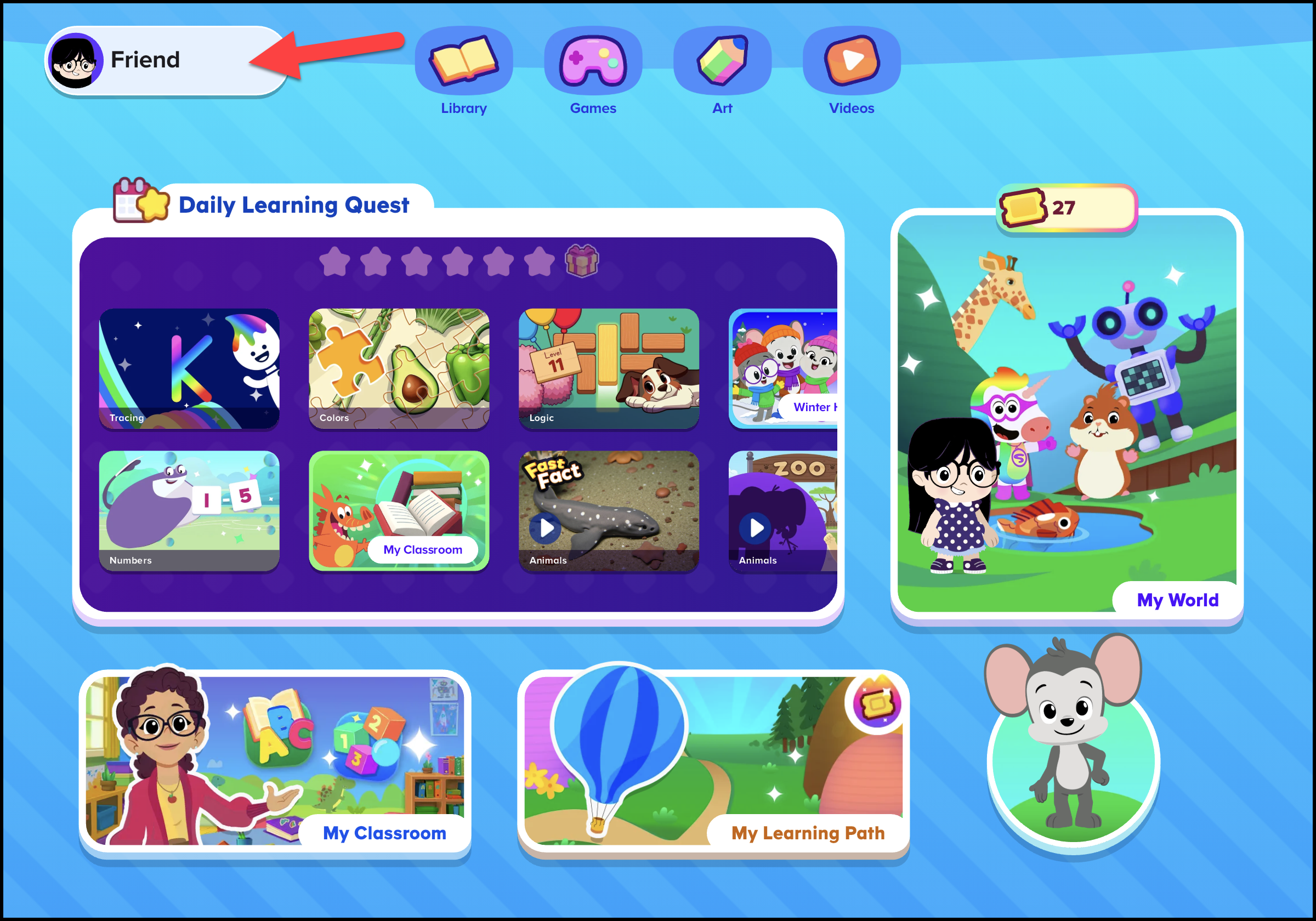 German ABCmouse 2 student homepage pointing to the profile button.png