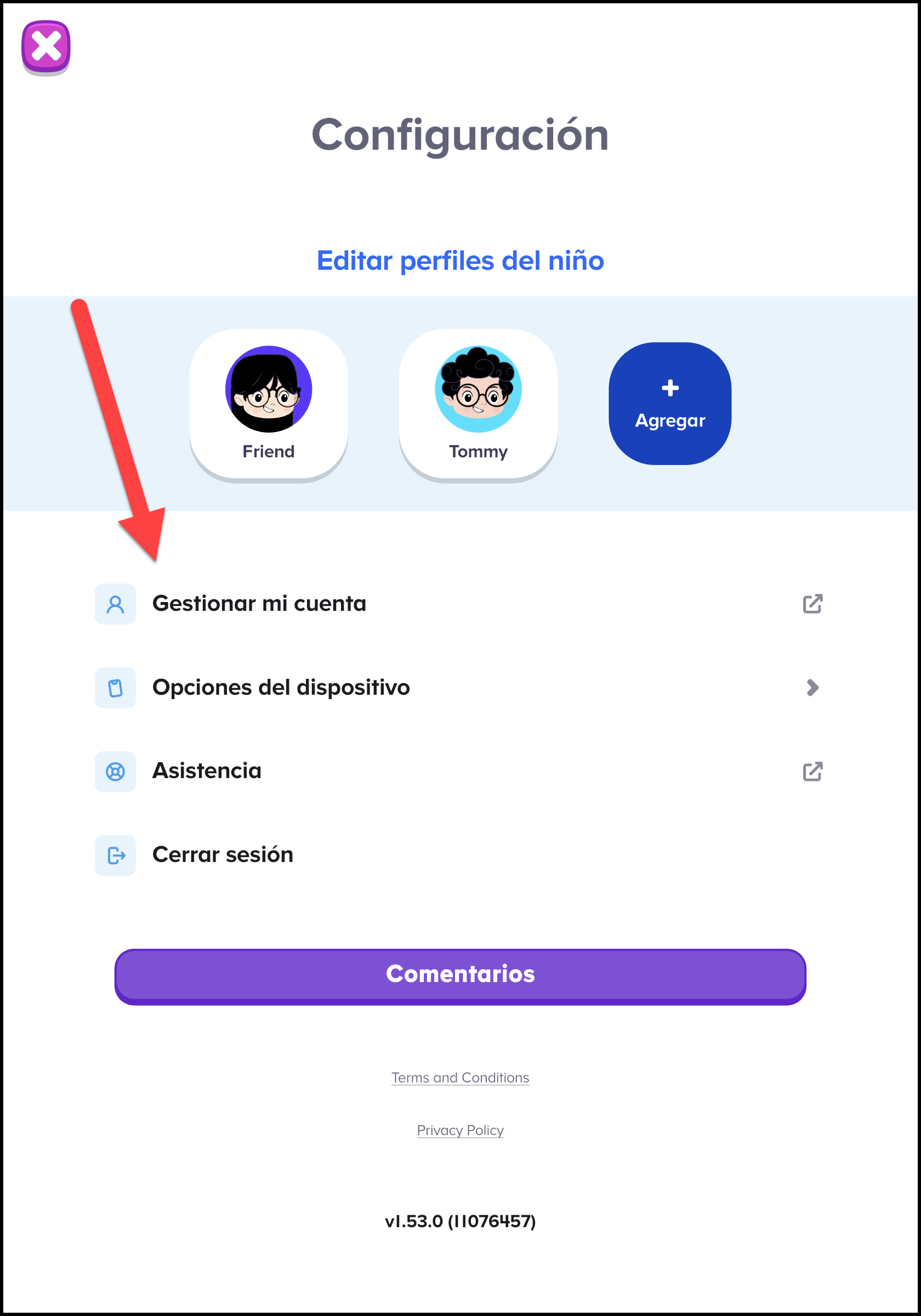 Espanol ABCmouse 2 pointing to manage my account within the settings area.png