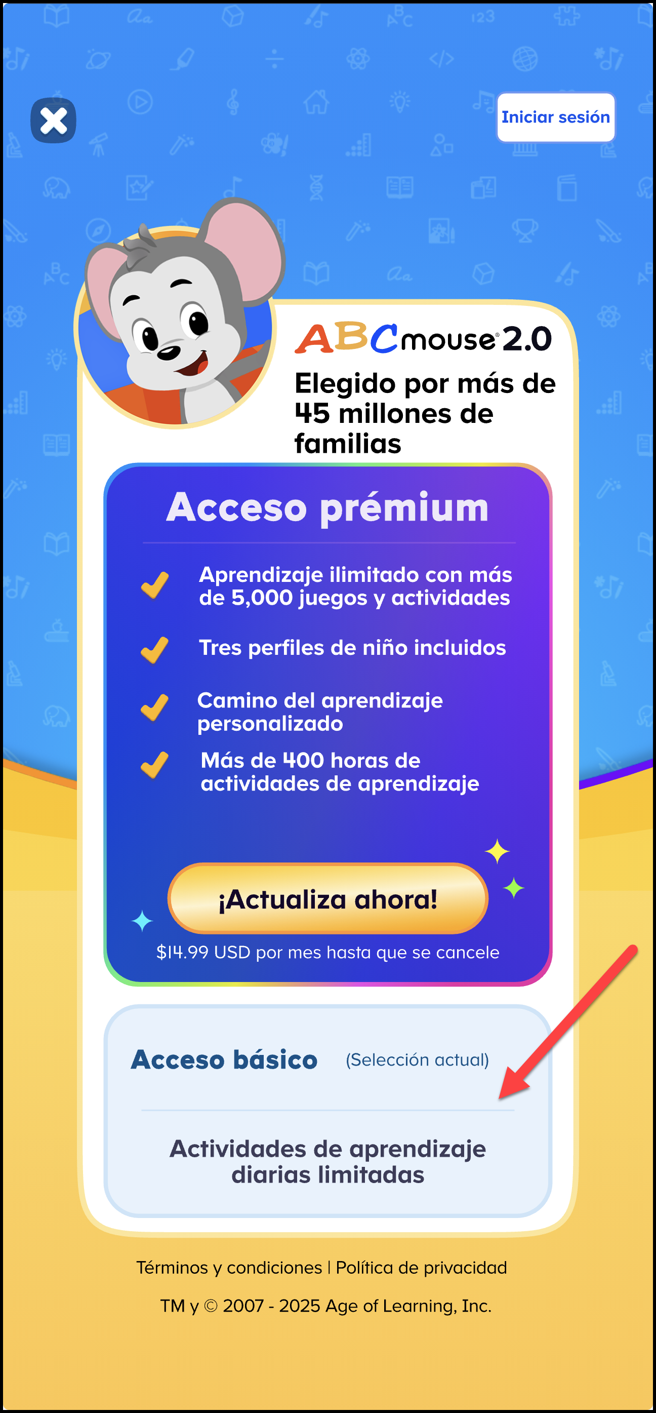 Espanol ABCmouse 2 pointing to basic access on the purchase membership offers v1.46.3.png