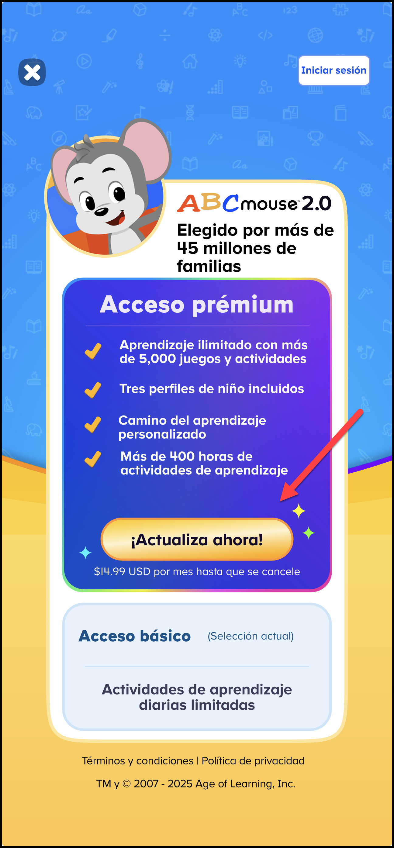 Espanol ABCmouse 2 pointing to premium access on the purchase membership offers v1.46.3.png
