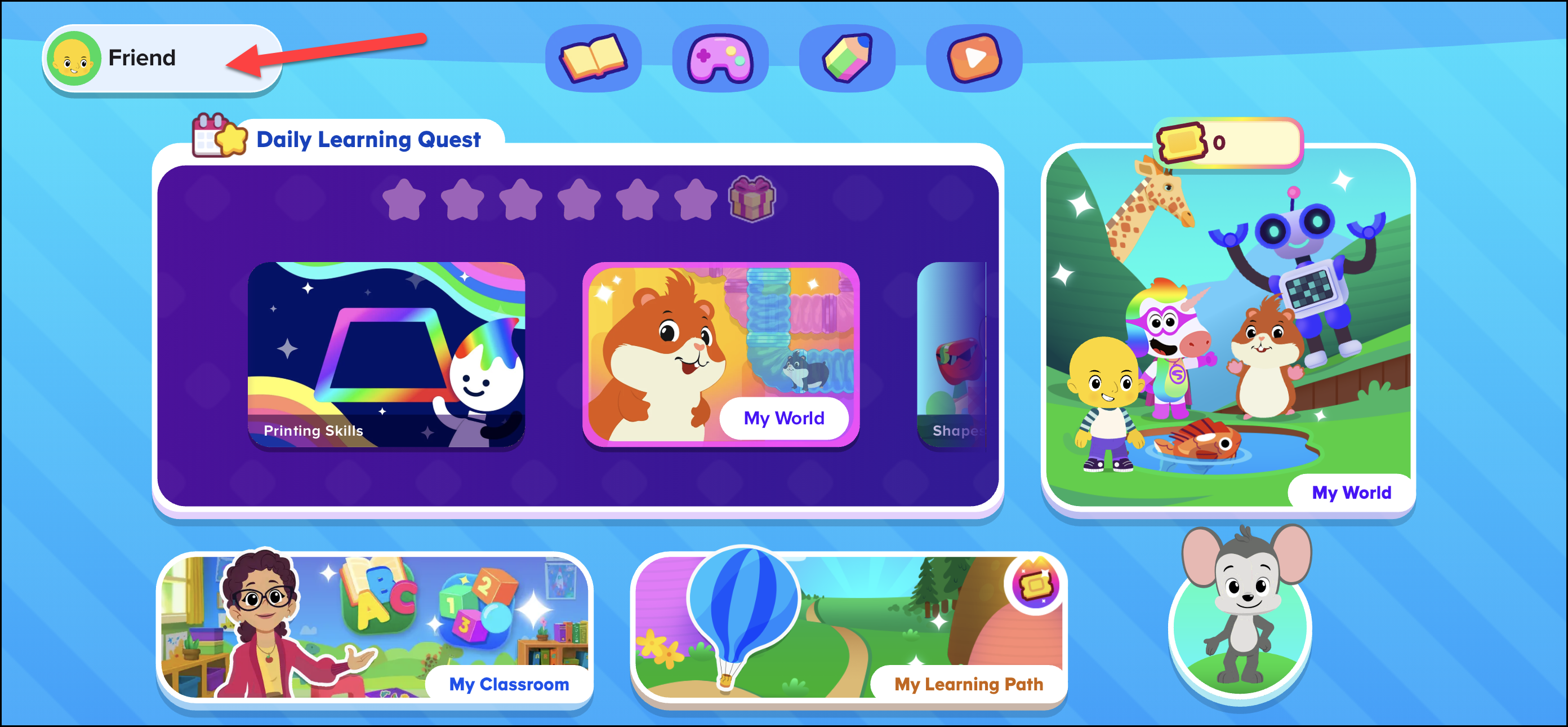 English (American) ABCmouse 2 student homepage pointing to the profile button.png