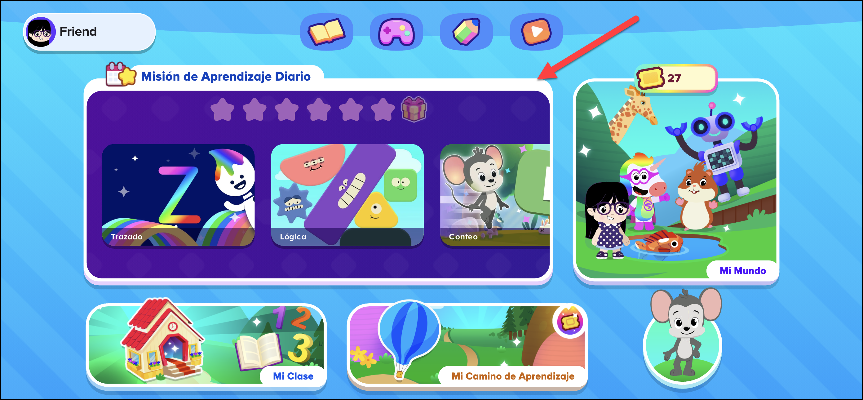 Espanol ABCmouse 2 pointing to daily learning quest on the student homepage v1.46.3.png