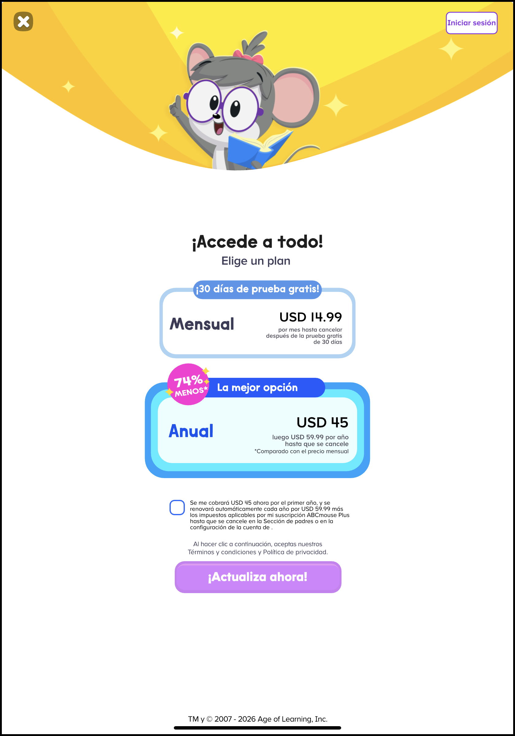 Espanol (Latino America) ABCmouse v1.63.0 Choose a plan free 30 day offer with 14.99 monthly or best with 45.00 annual.png
