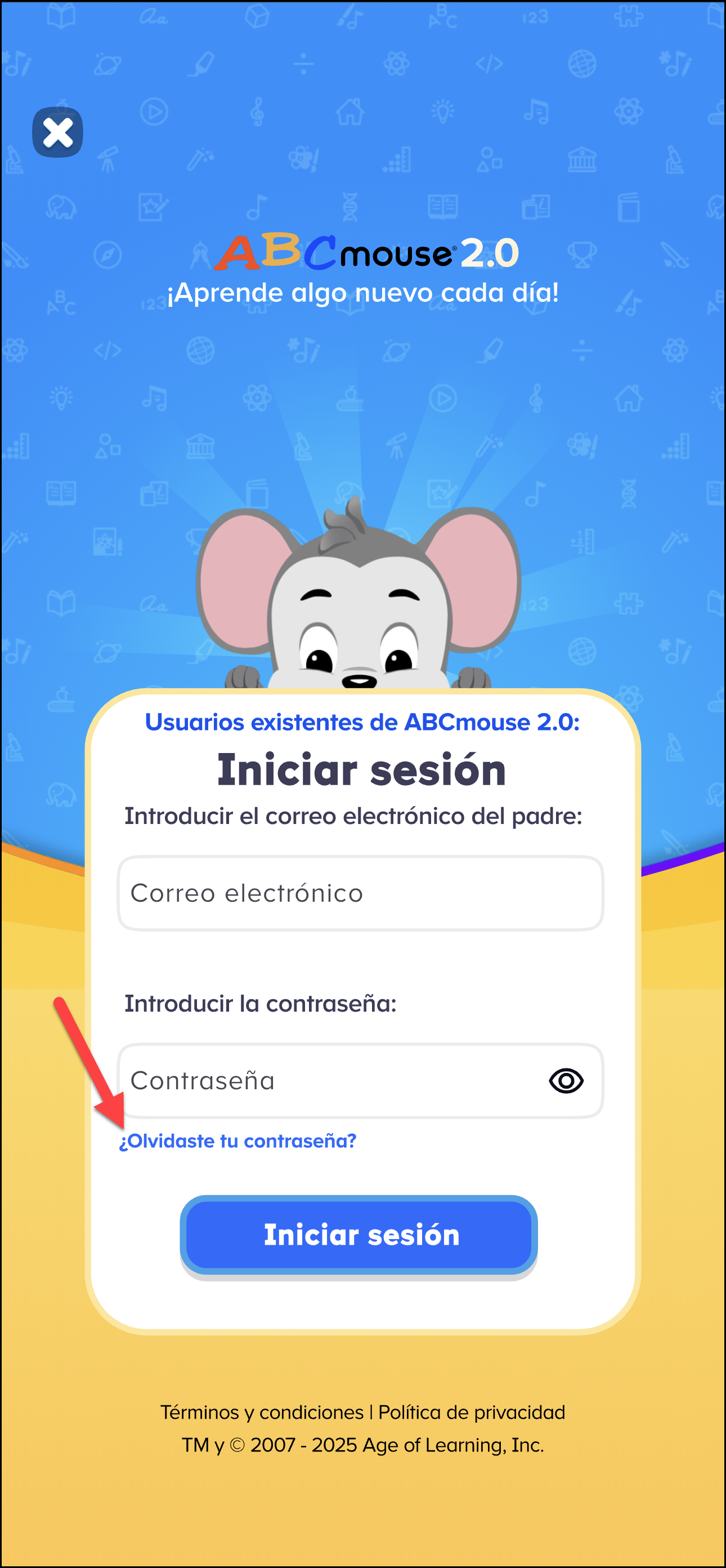 Espanol ABCmouse 2 log in screen pointing to forgot your password.png