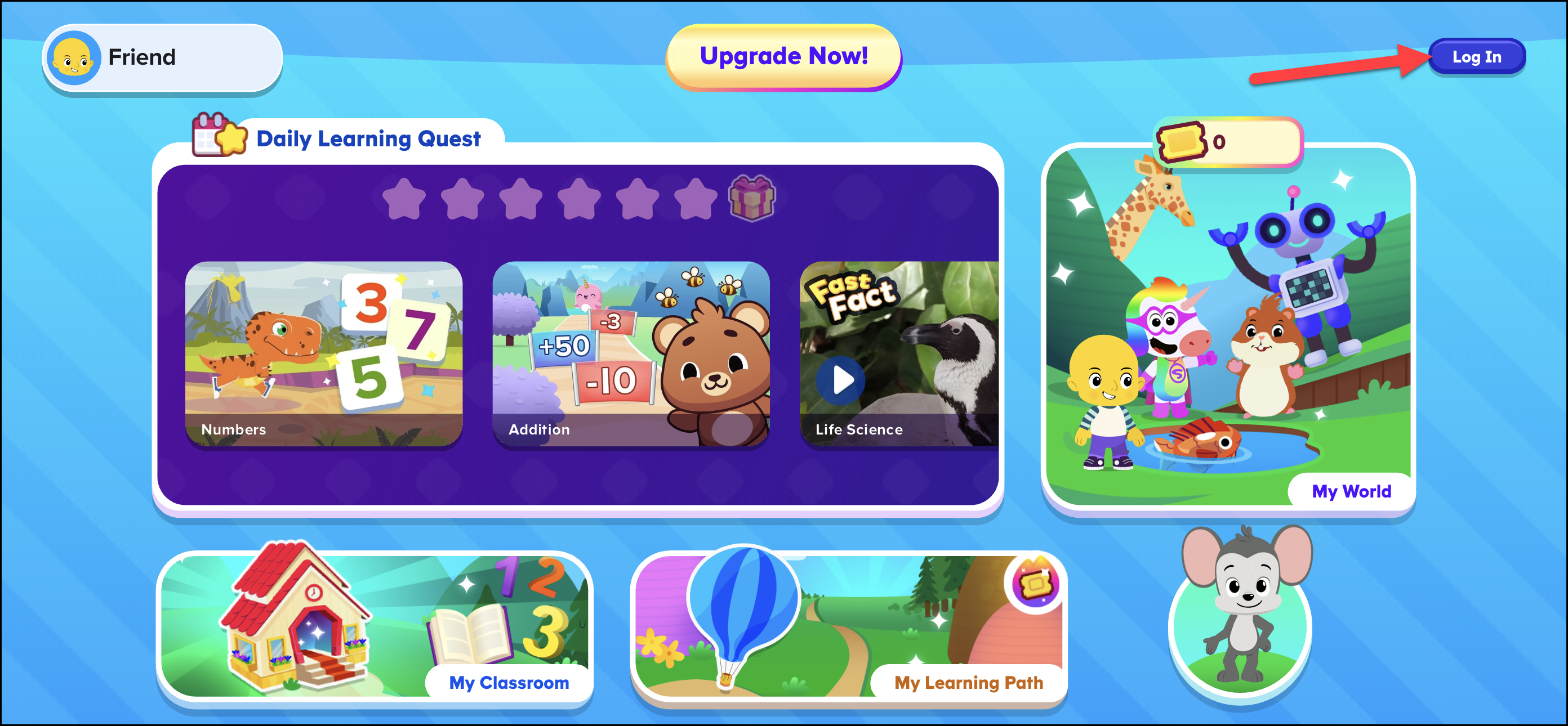 English ABCmouse 2 basic layout for the student hompage pointing to the log in.png
