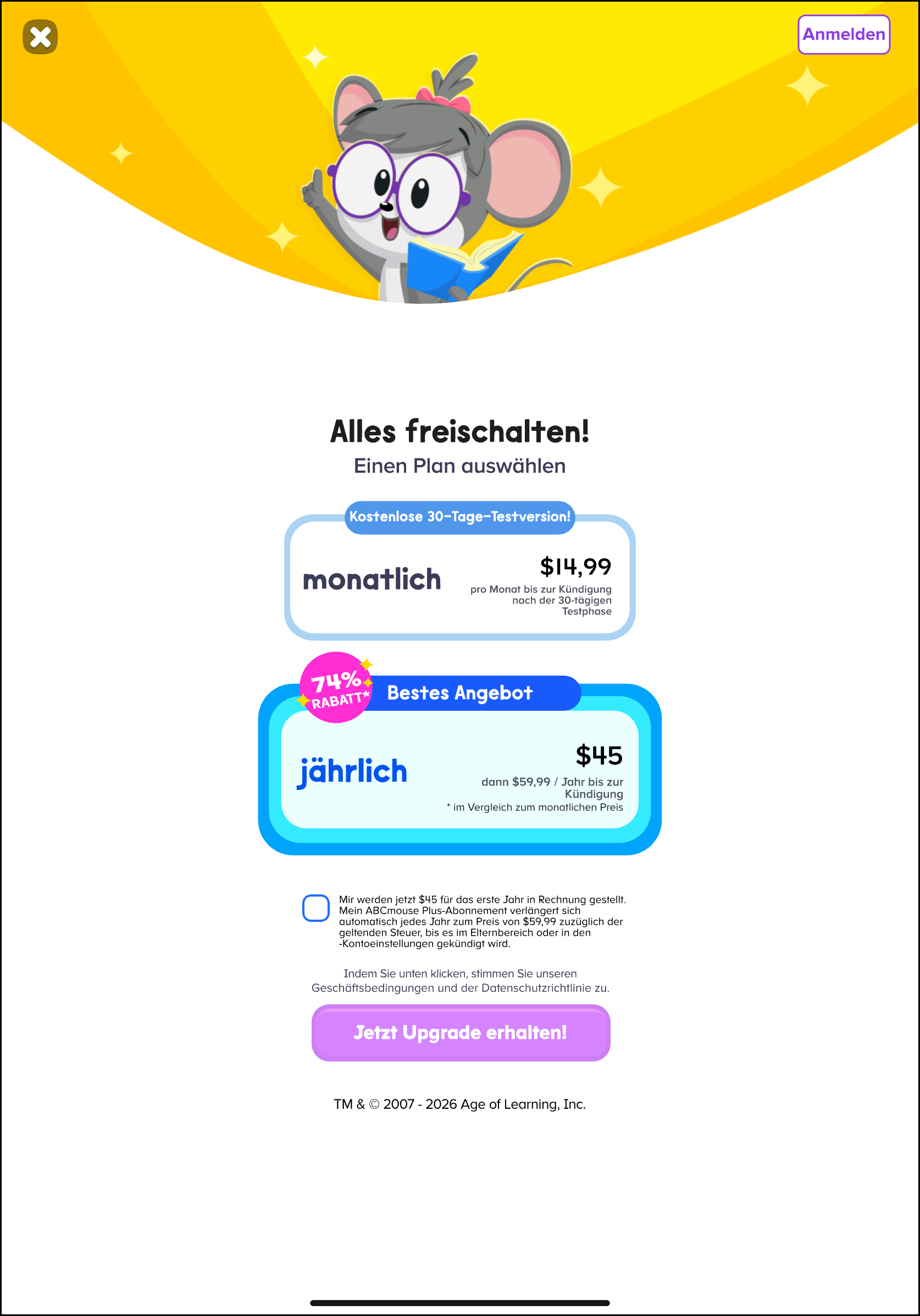 Deuthsch (German) ABCmouse 2 v1.48.0 choose a plan free 30 day trail with the 14.99 monthly or best value with 45.00 annual.png
