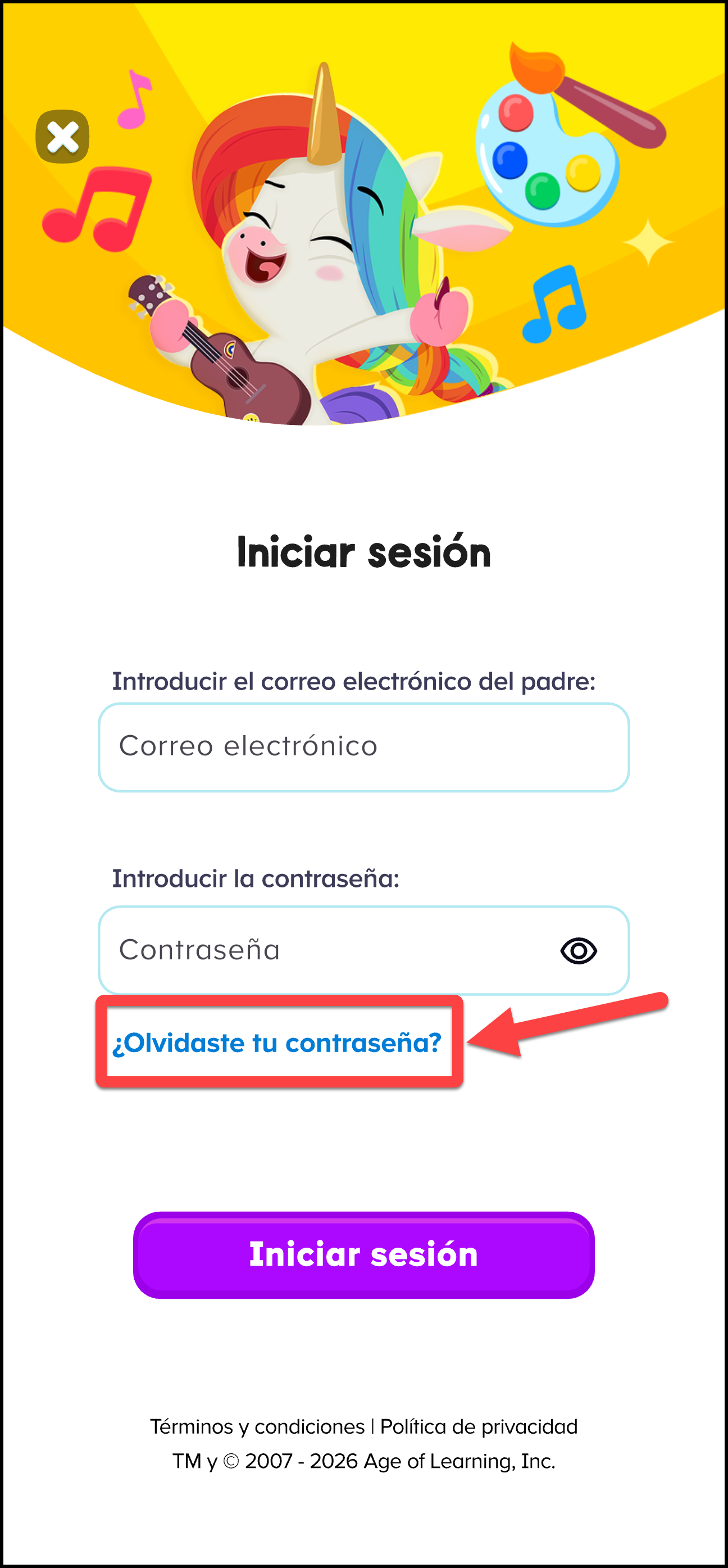 Espanol ABCmouse 2 v1.48.0 log in screen pointing to forgot your password.jpg