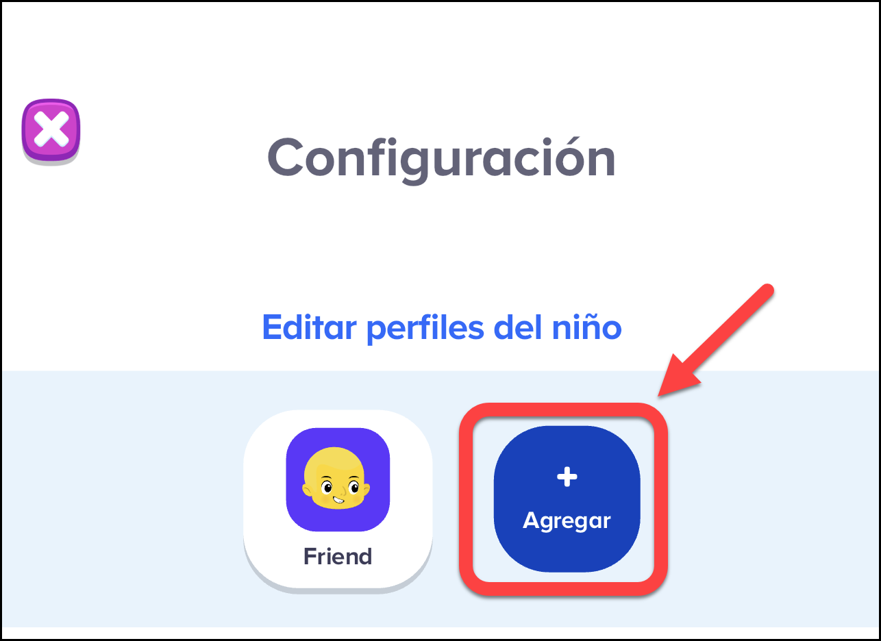 Espanol (Mexico) Pointing at 'Agregar' in 'Configuracion to edit child profiles.png