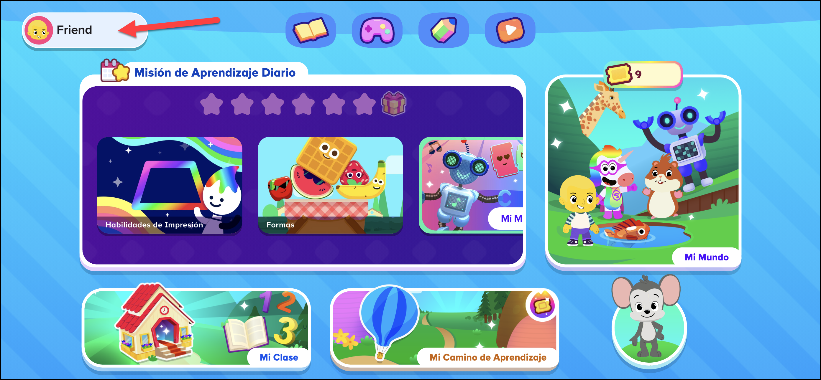 Espanol (Spanish) pointing to the 'friend' profile icon for premium access experience.png