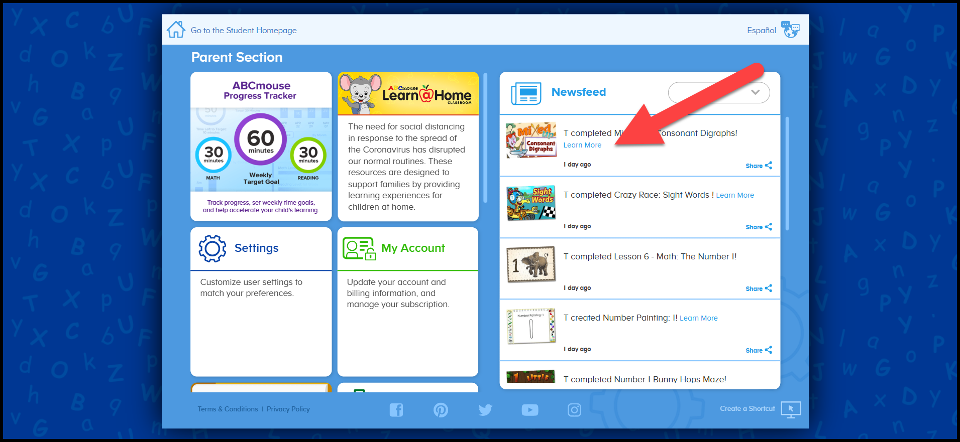 ABCmouse Clasic Pointing to the Learn More on Newsfeed in Parent Section.png