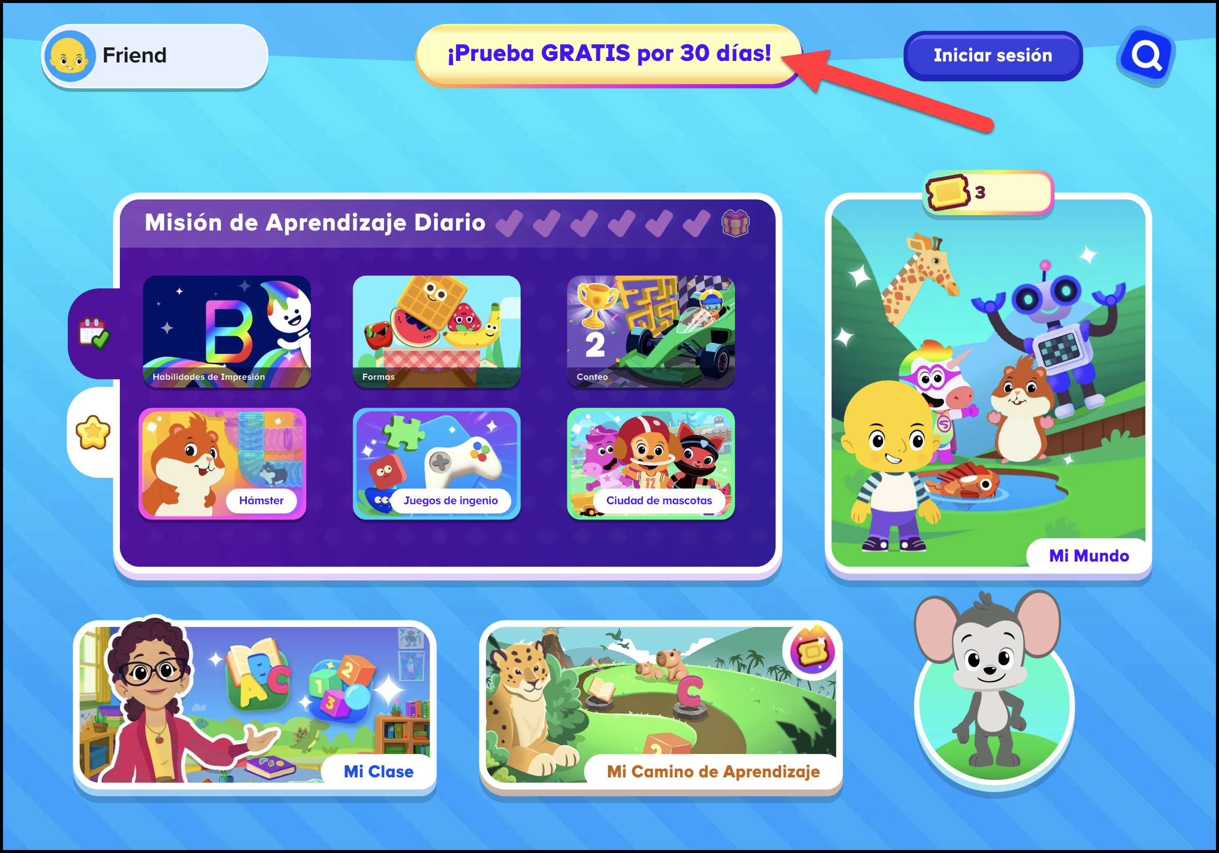 Espanol ABCmouse 2 1.53.0 Homepage for Basic Access Pointing to Free Button.png