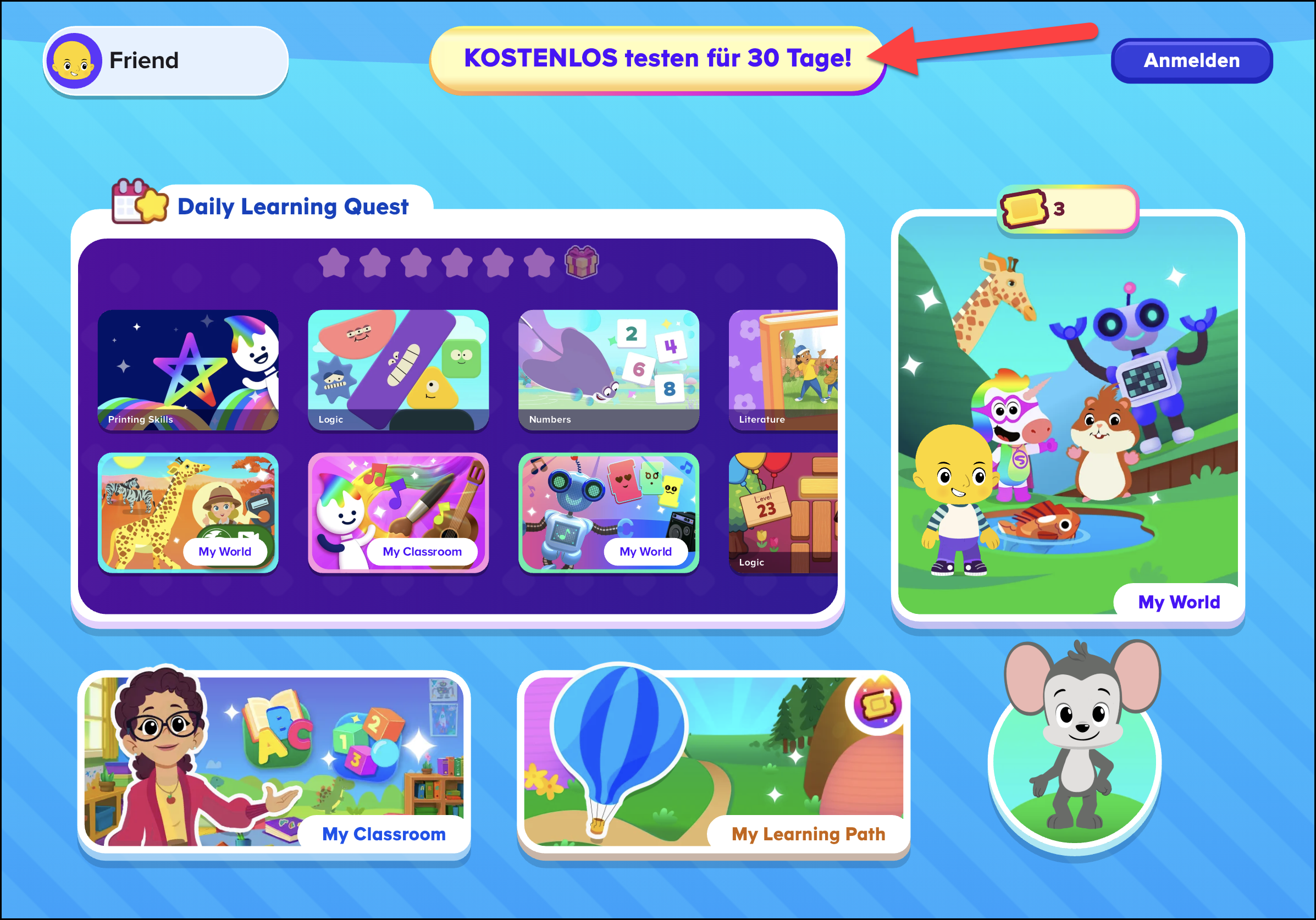 German ABCmouse 2 1.53.0 Homepage for Basic Access Pointing to Free Button.png