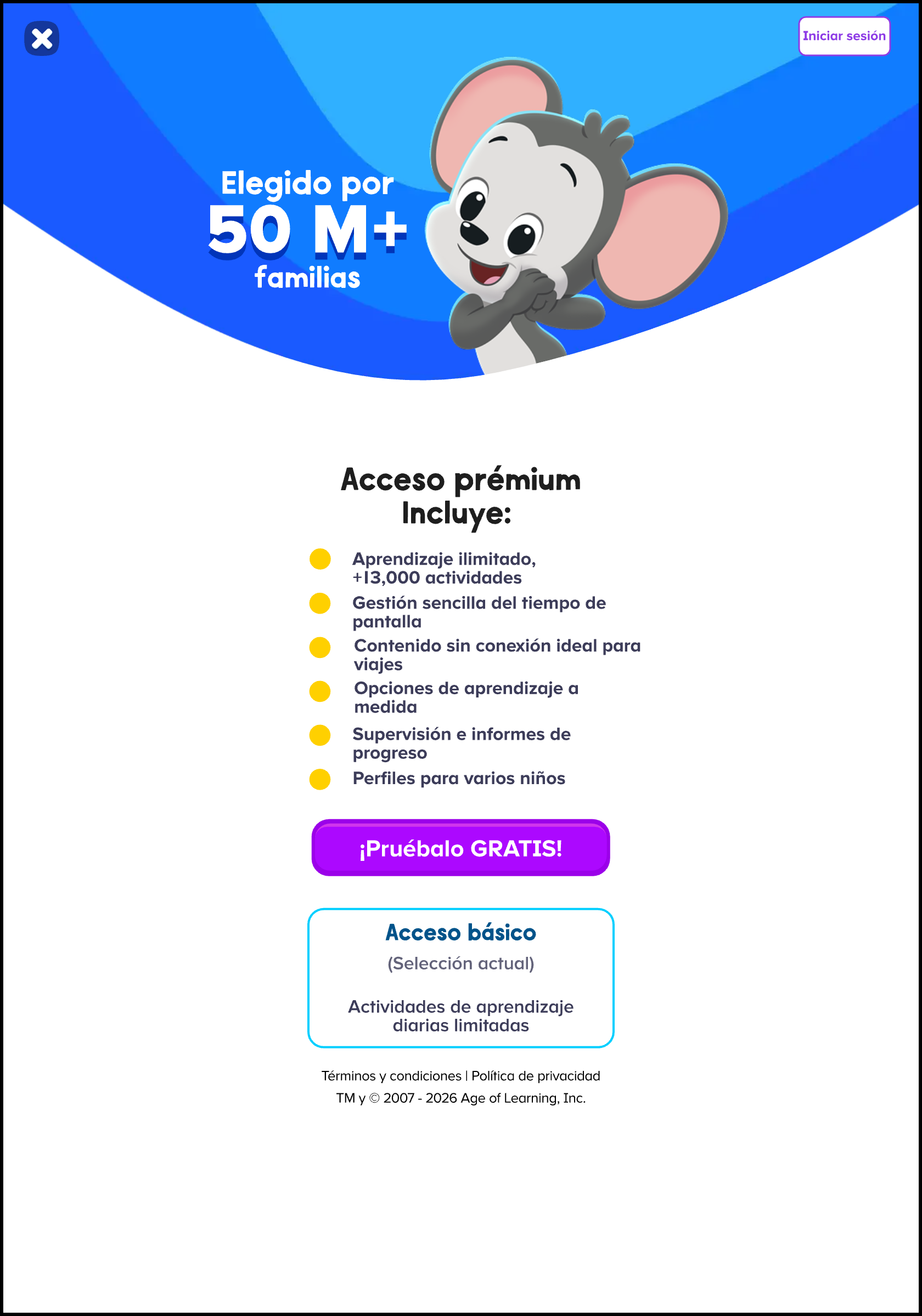 Espanol ABCmouse 2 v1.53.0 Premium access with free month offer vs Basic access limit activities.png