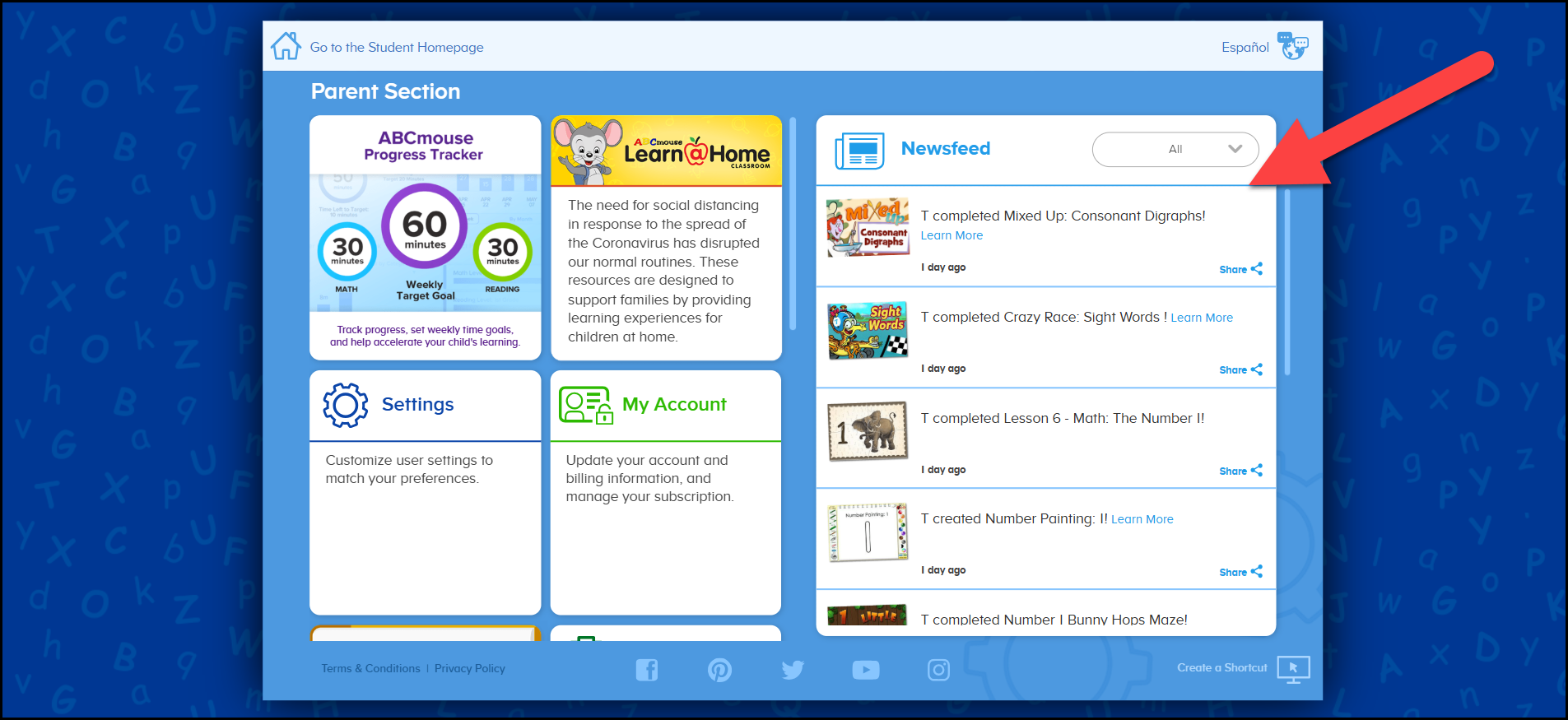 ABCmouse Classic Newsfeed en el sitio web de la Sección de Padres solo view.png