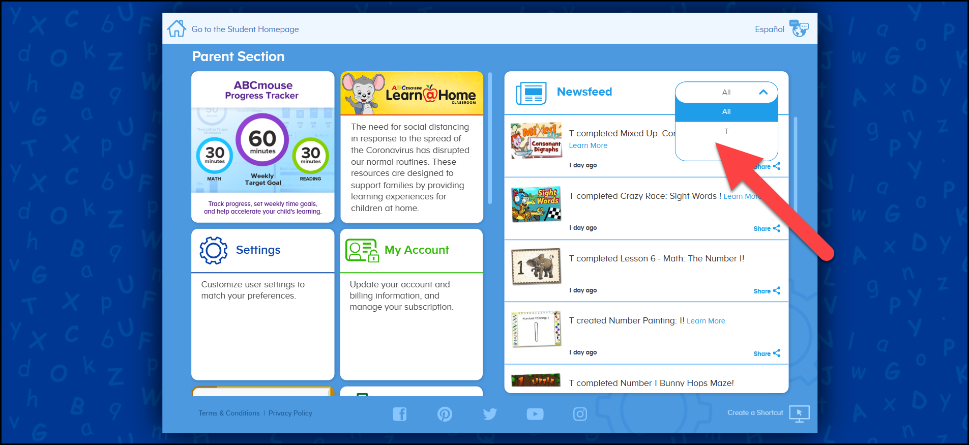 ABCmouse Classic Newsfeed en la sección Padres Señalando la vista del sitio web del menú desplegable.png